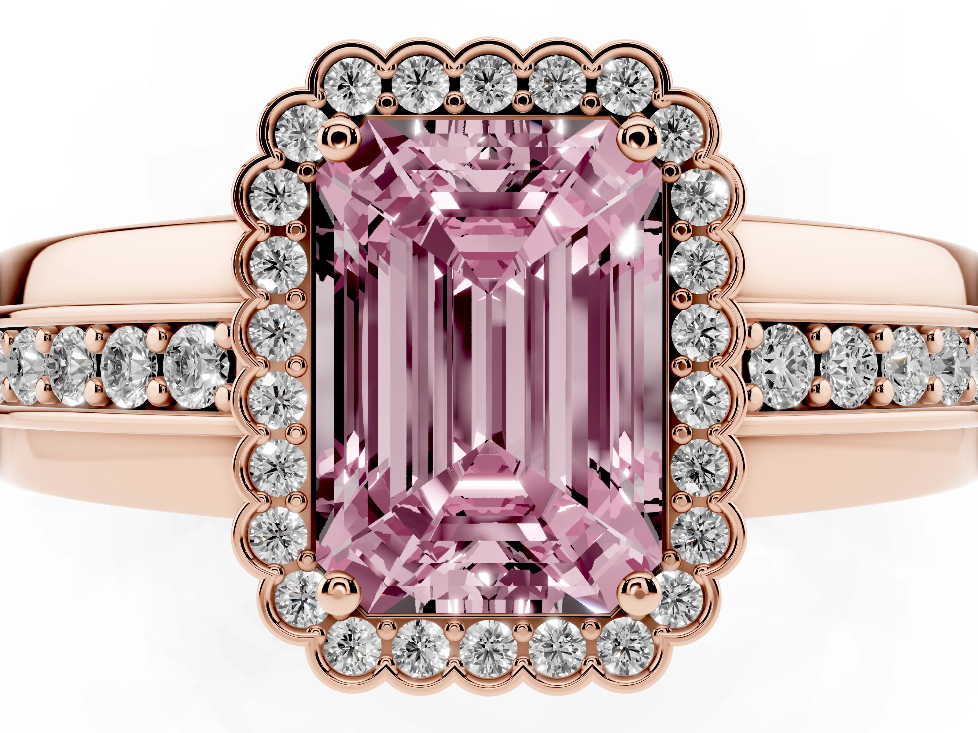 Fancy Pink Emerald Cut Diamond Halo Prong Ring Set in Rose gold with Pavé Band
