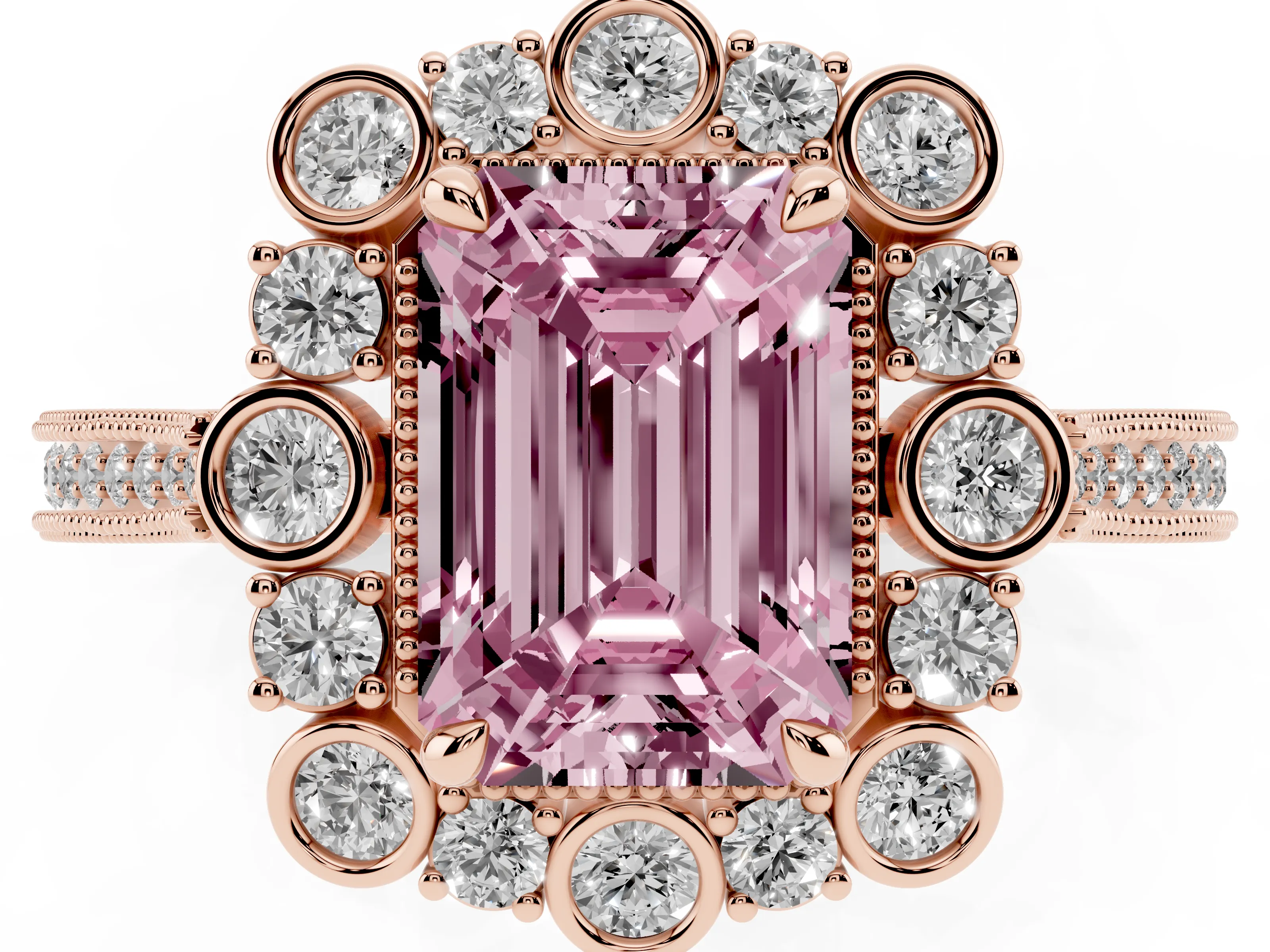 Fancy Pink Emerald Cut Diamond Halo Milgrain Pavé Ring Set in Rose gold with Prong Setting