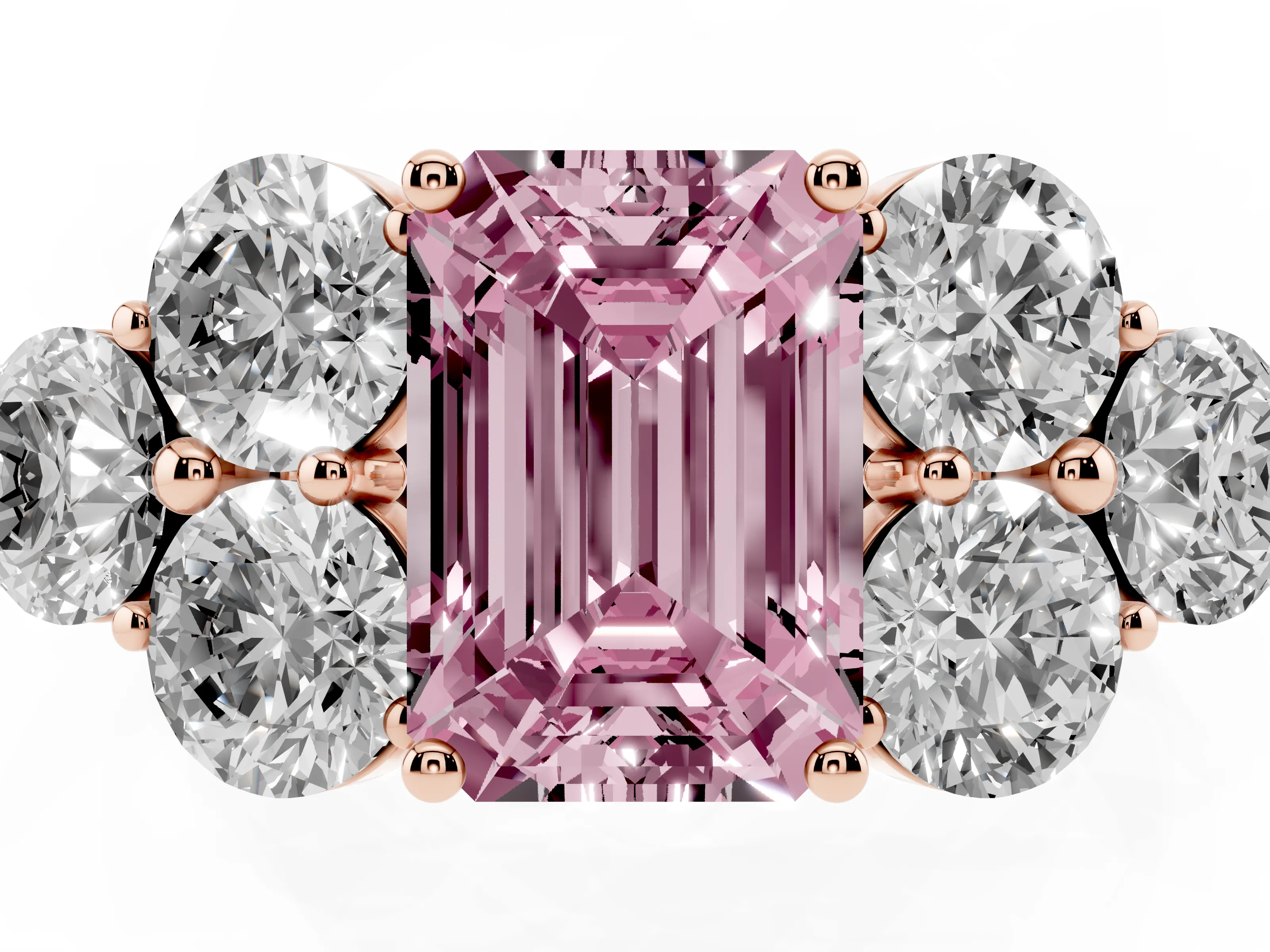 Fancy Pink Emerald Cut Diamond Cluster Ring Set in Rose gold with Round Accent Stones and Prong Setting on a Plain Band