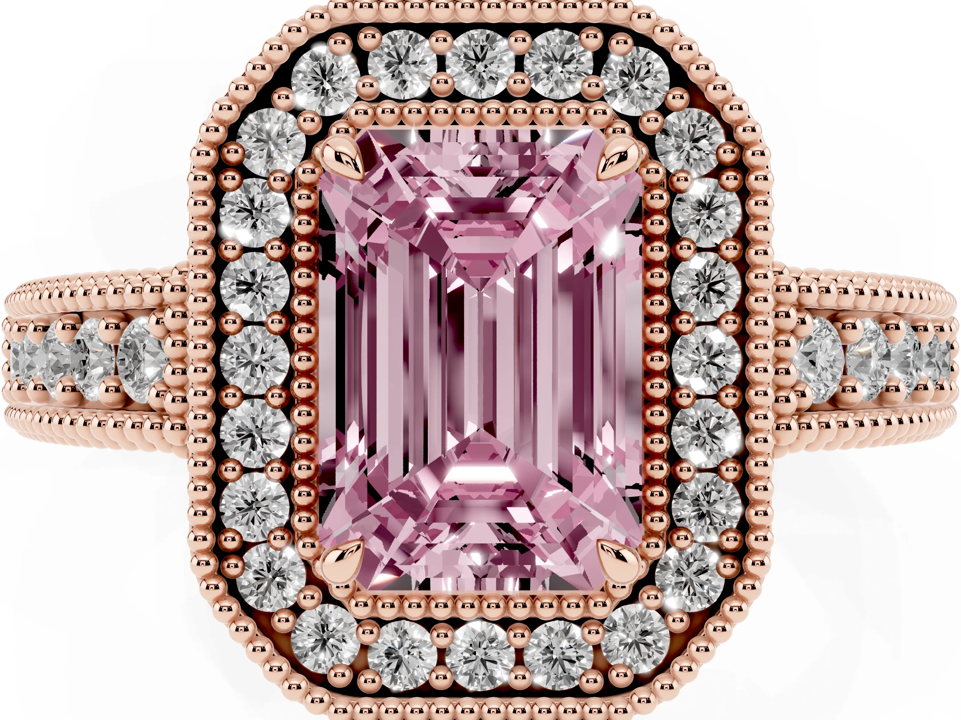 Fancy Pink Emerald Cut Diamond Halo Ring Set in Rose gold with Round Accent Halo, Pavé Band and Prong Setting