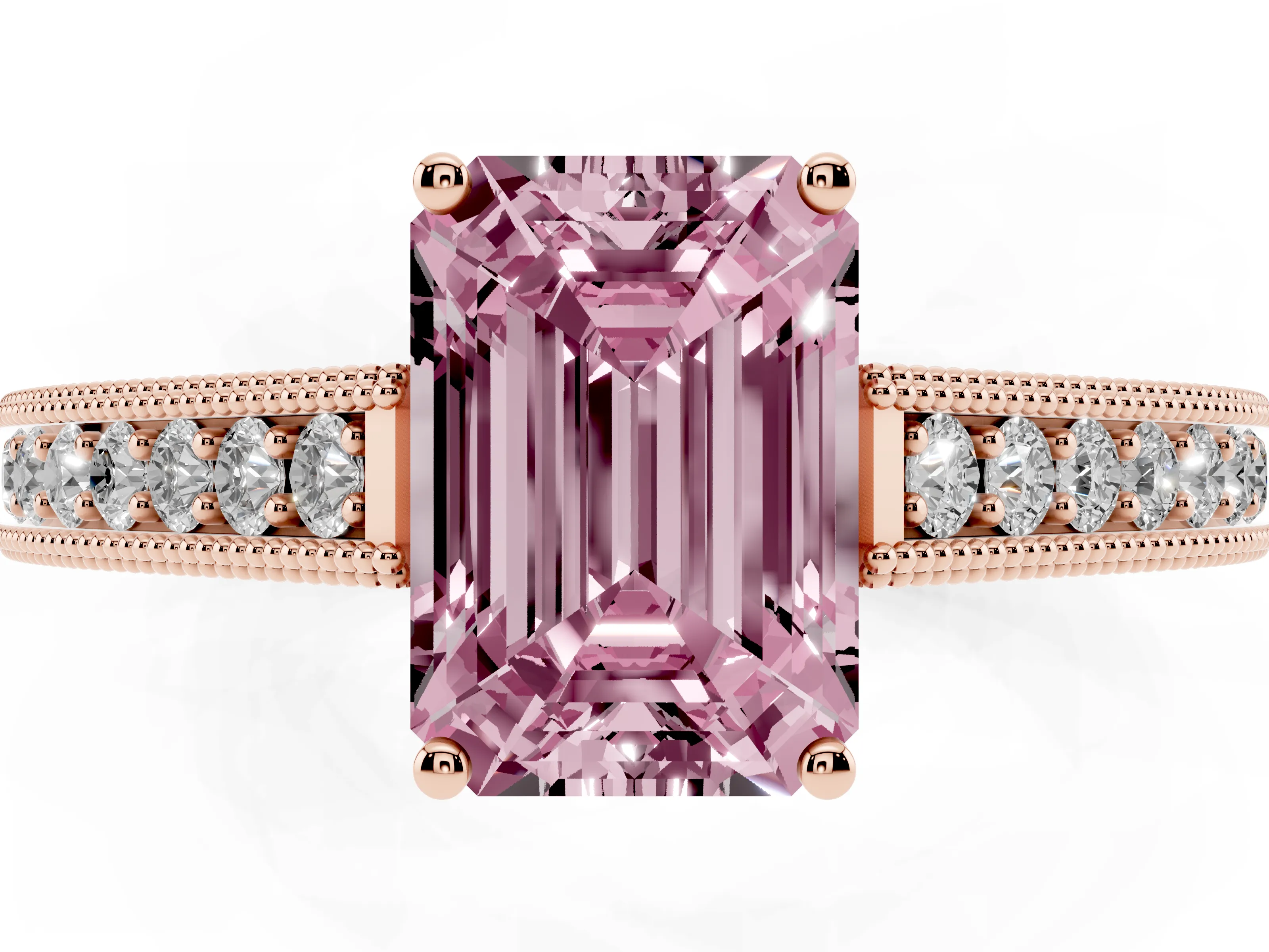 Fancy Pink Emerald Cut Diamond Milgrain Pavé Band Solitaire Ring Set in Rose gold with Prong Setting