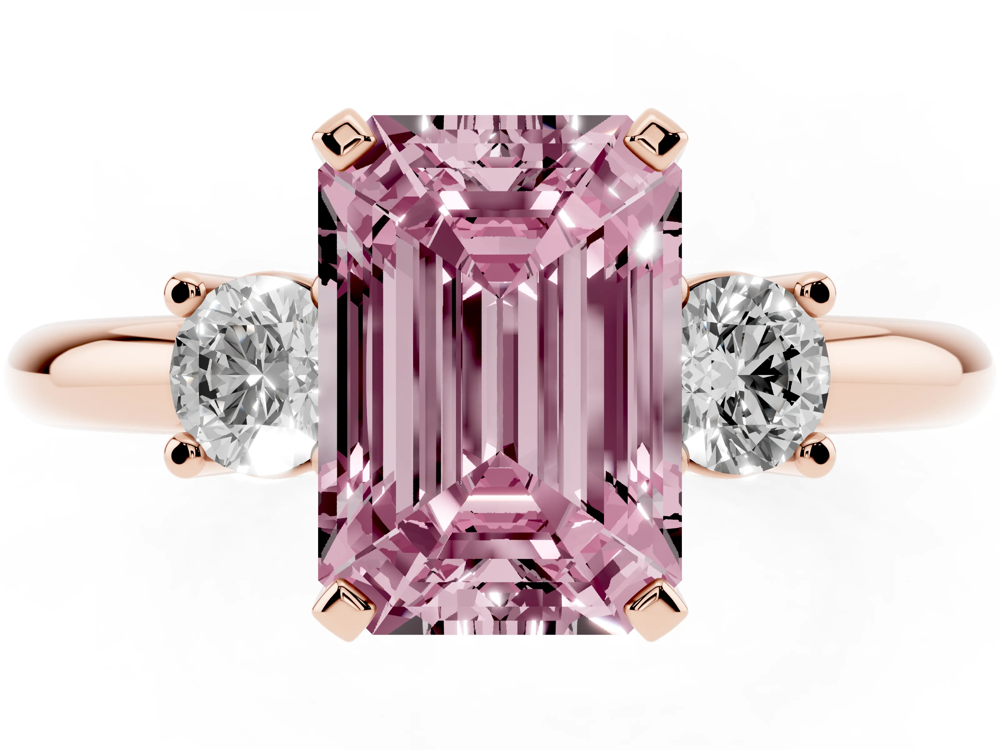 Fancy Pink Three-Stone Emerald Cut Diamond Ring Set in Rose gold with Prong Setting and Plain Band