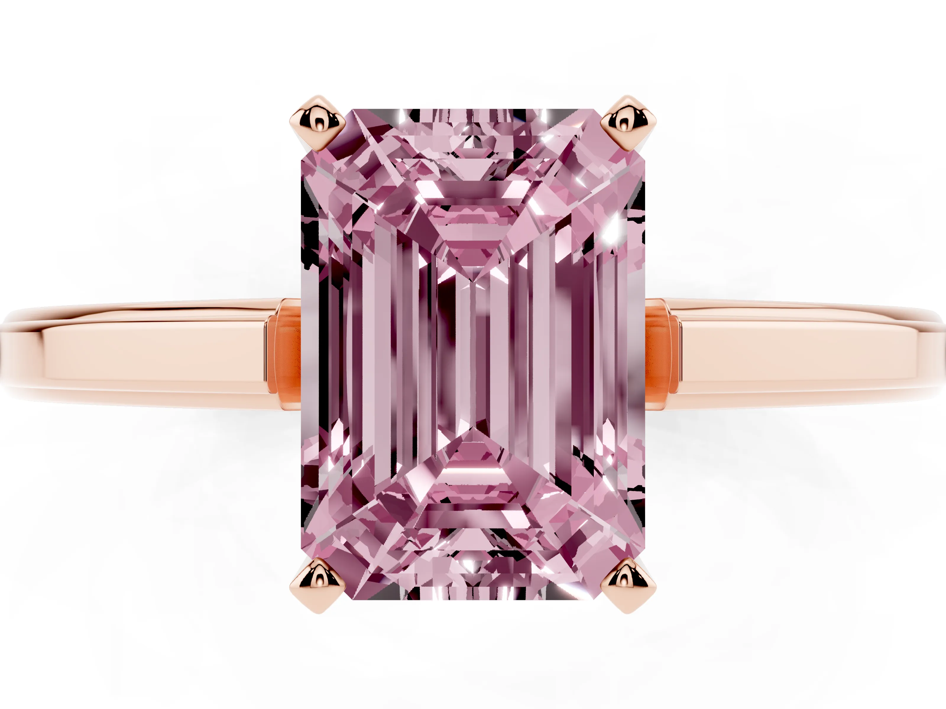 Fancy Pink Emerald Cut Diamond Solitaire Ring Set in Rose gold with Prong Setting and Classic Band