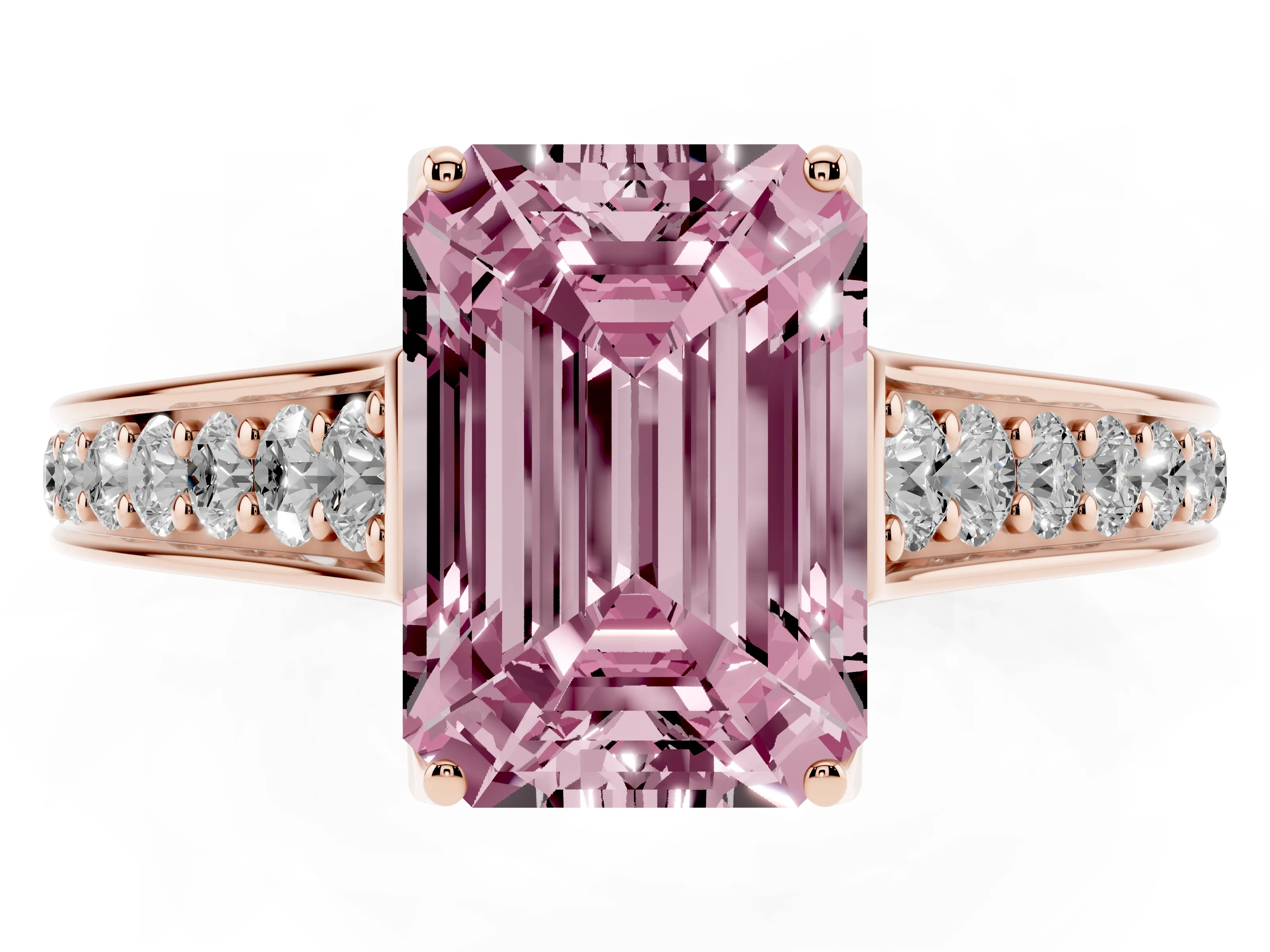 Fancy Pink Emerald Cut Diamond Solitaire Pavé Engagement Ring Set in Rose gold with Prong Setting