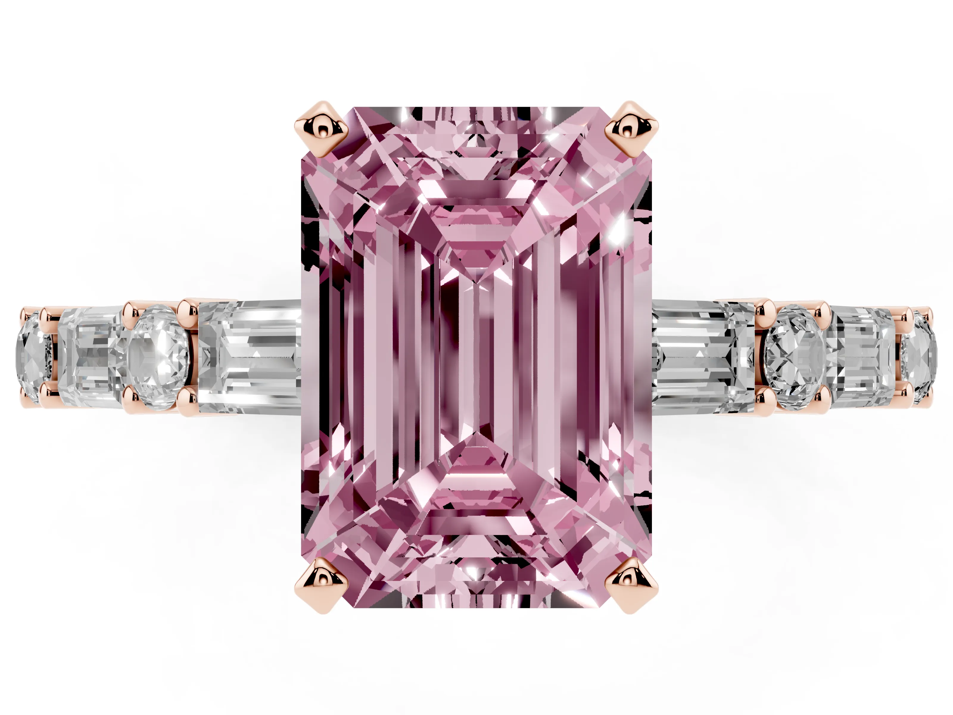 Fancy Pink Emerald Cut Diamond Solitaire Set in Rose gold with Side Baguettes and Channel Set Band