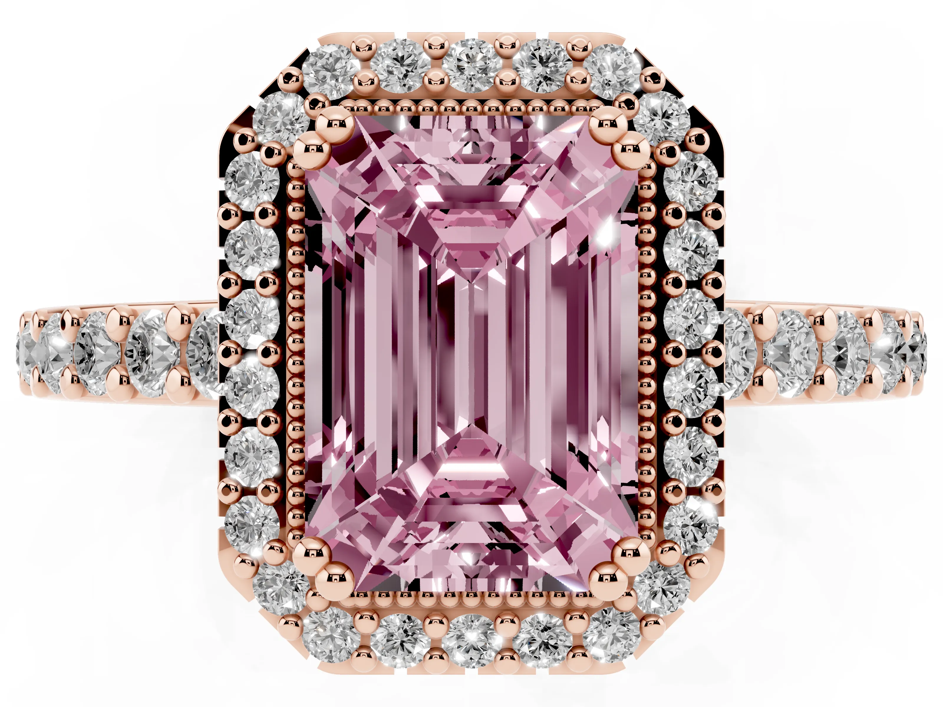 Fancy Pink Emerald Cut Diamond Halo Engagement Ring Set in Rose gold with Milgrain Detail and Pavé Band
