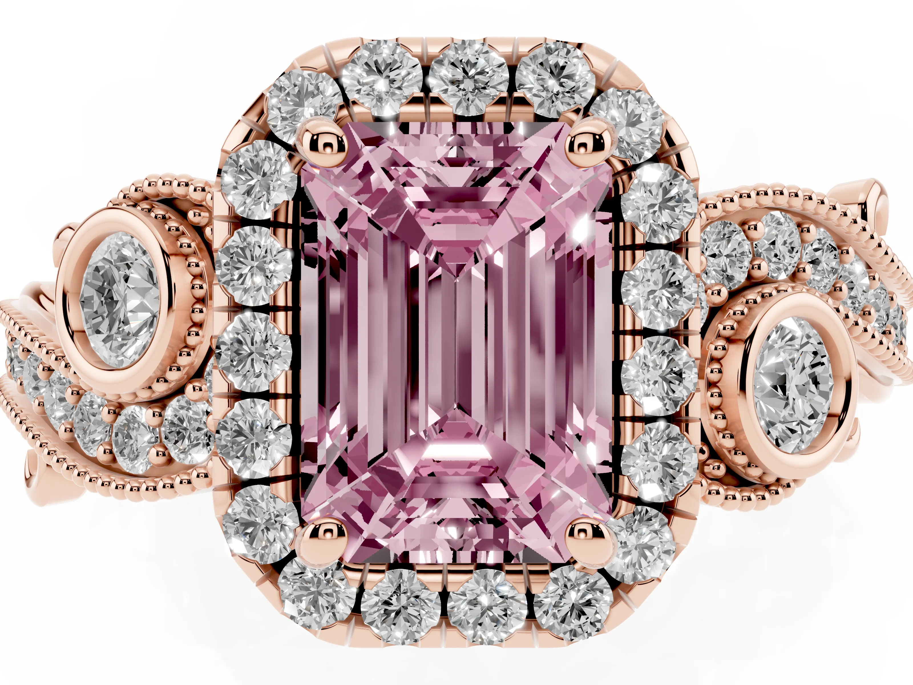 Fancy Pink Emerald Cut Diamond Halo Ring Set in Rose gold with Milgrain Pavé Band and Prong Setting