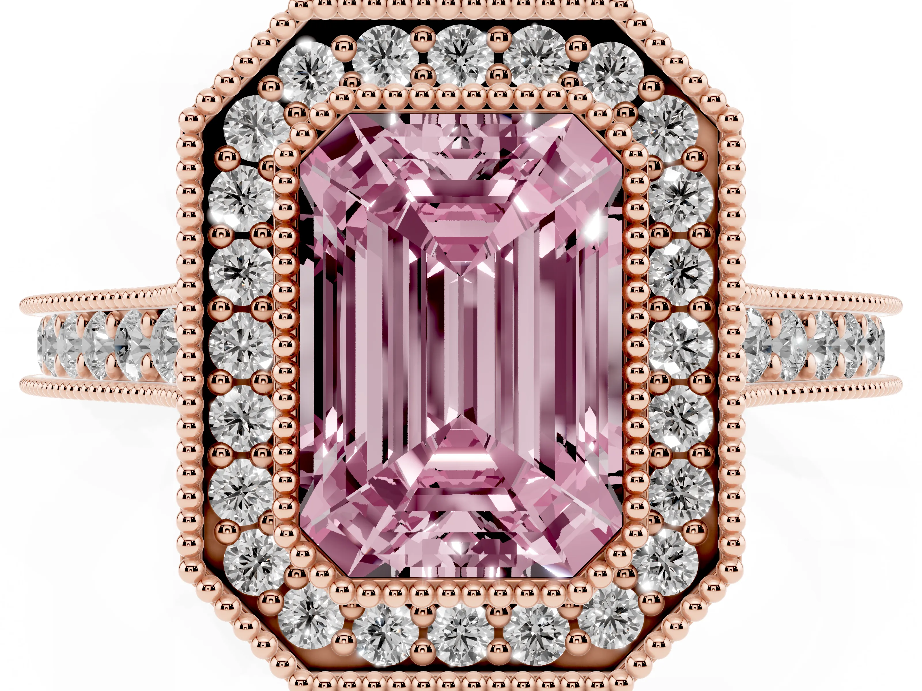 Fancy Pink Emerald Cut Diamond Halo Milgrain Pavé Band Ring Set in Rose gold with Prong Setting