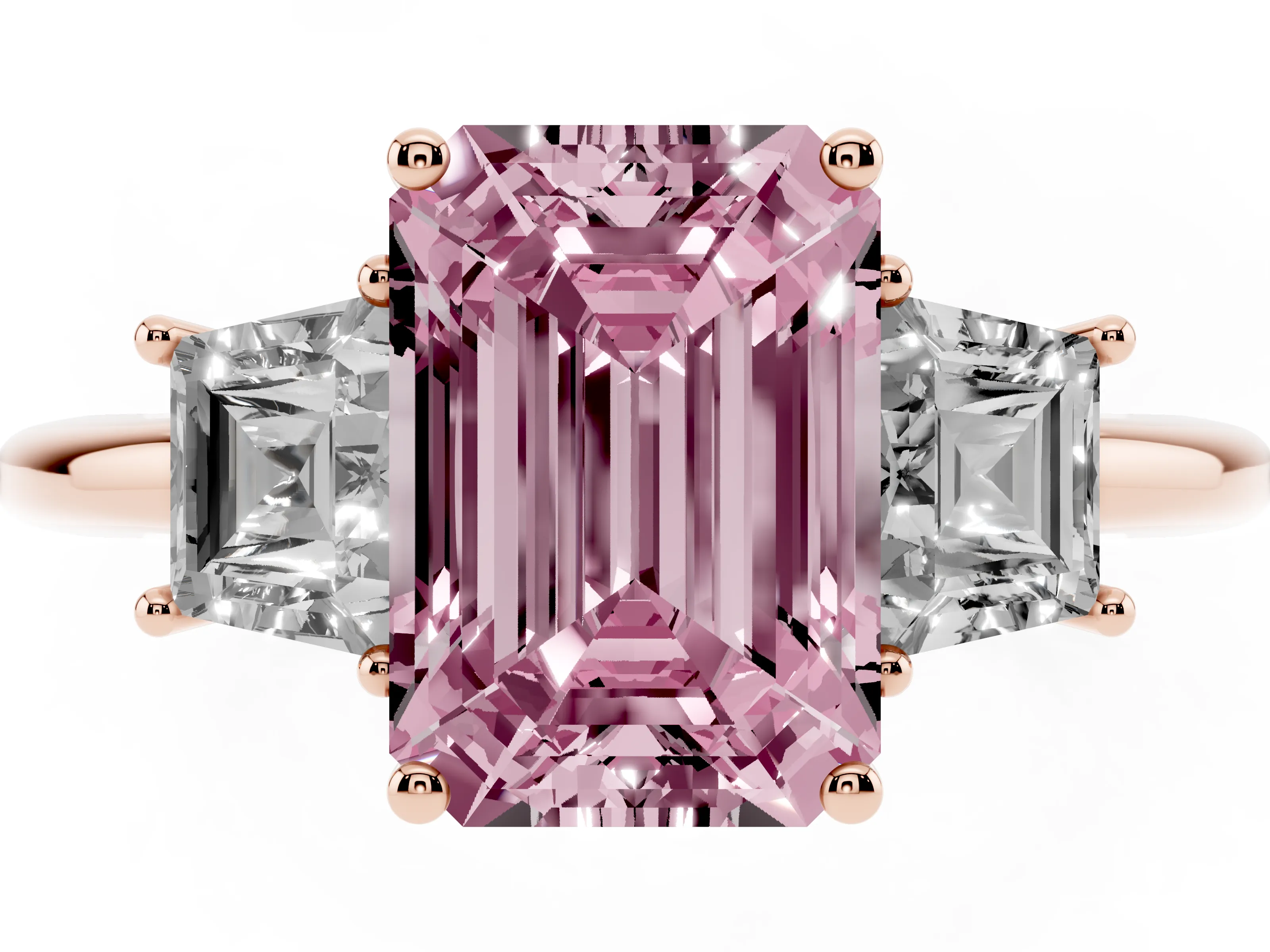 Fancy Pink Emerald Cut Diamond Three-Stone Ring Set in Rose gold with Trapezoid Side Stones and Prong Setting