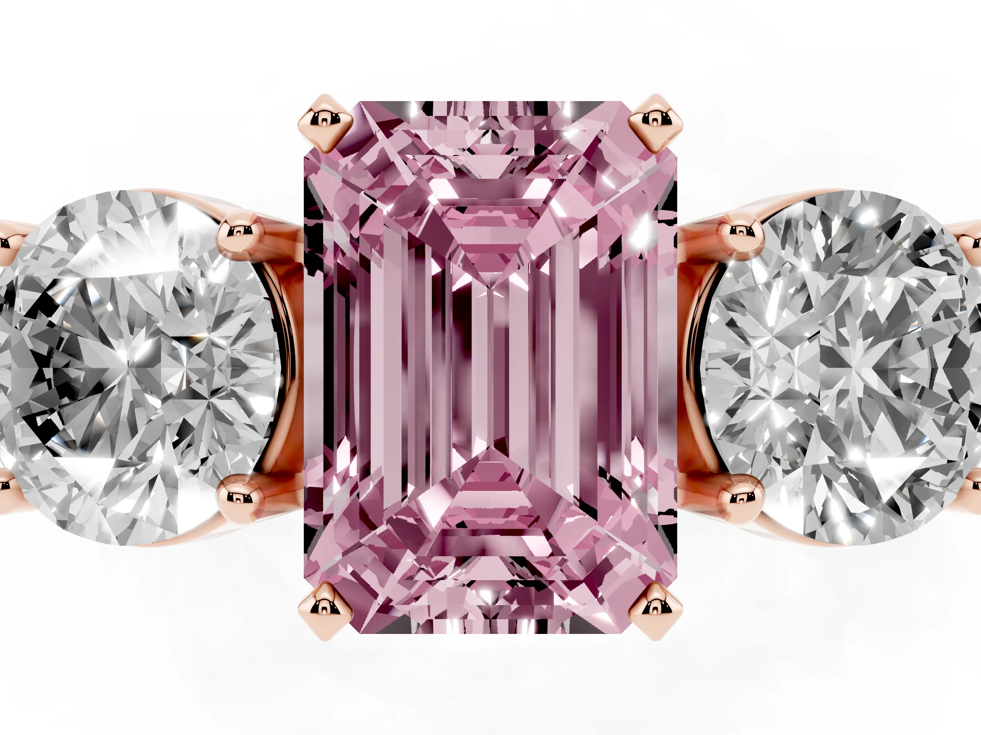 Fancy Pink Emerald Cut Diamond Three-Stone Ring Set in Rose gold with Round Side Stones and Classic Band