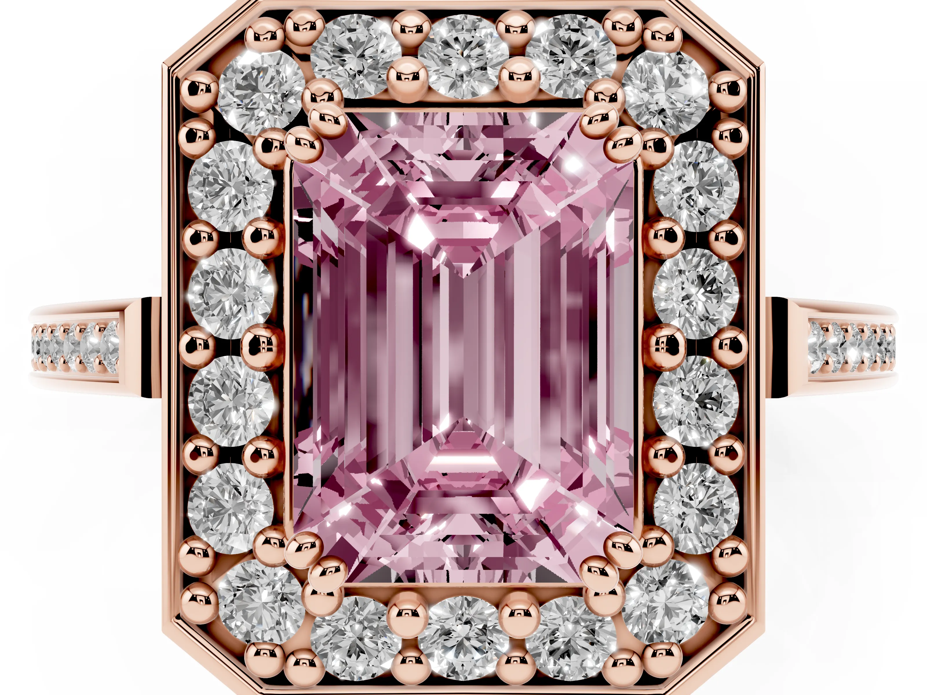 Fancy Pink Emerald Cut Diamond Halo Ring Set in Rose gold with Accent-Lined Split Shank and Prong Setting