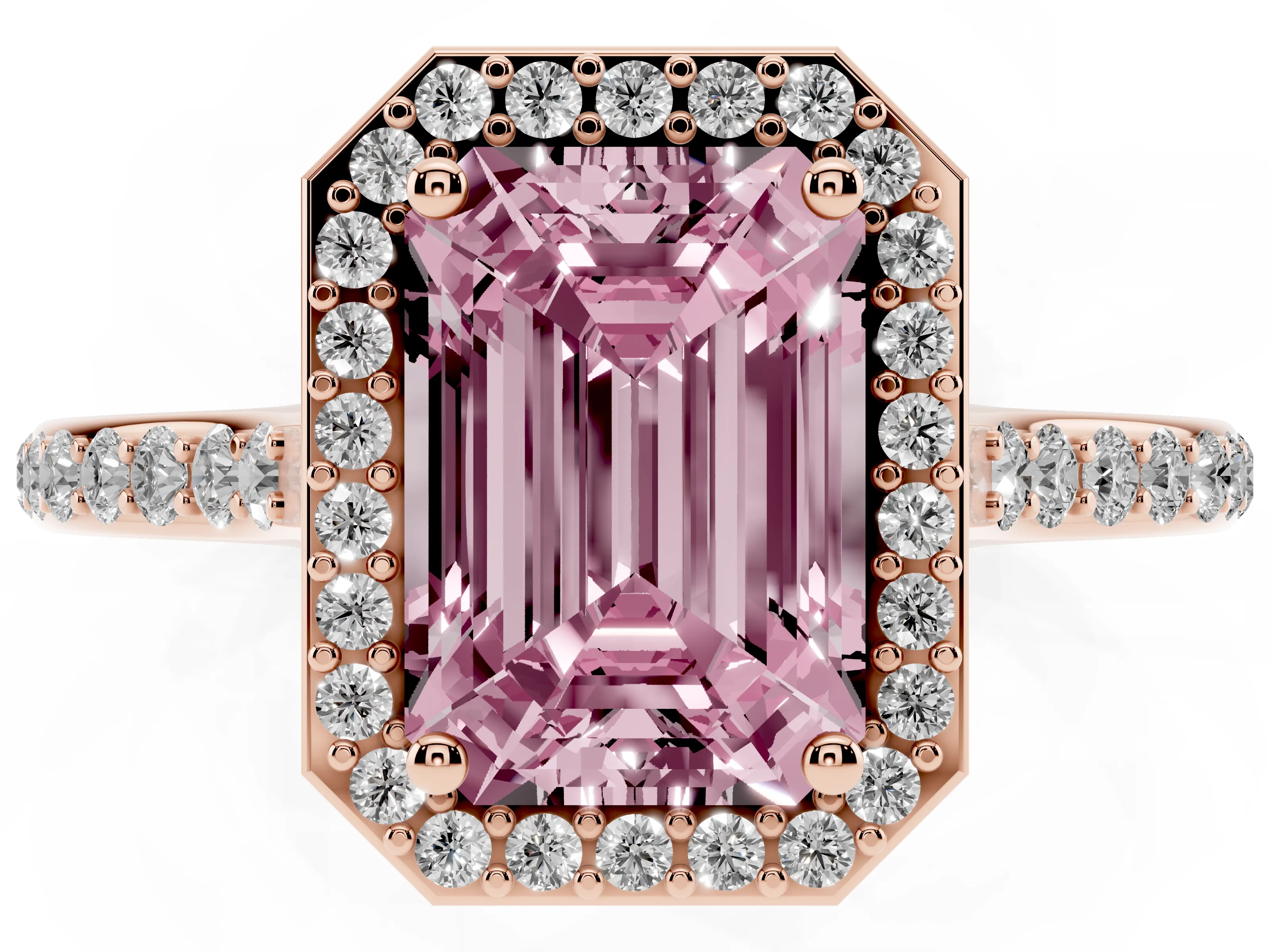 Fancy Pink Emerald Cut Diamond Halo Engagement Ring Set in Rose gold with Round Pavé Shoulders and Heart Gallery