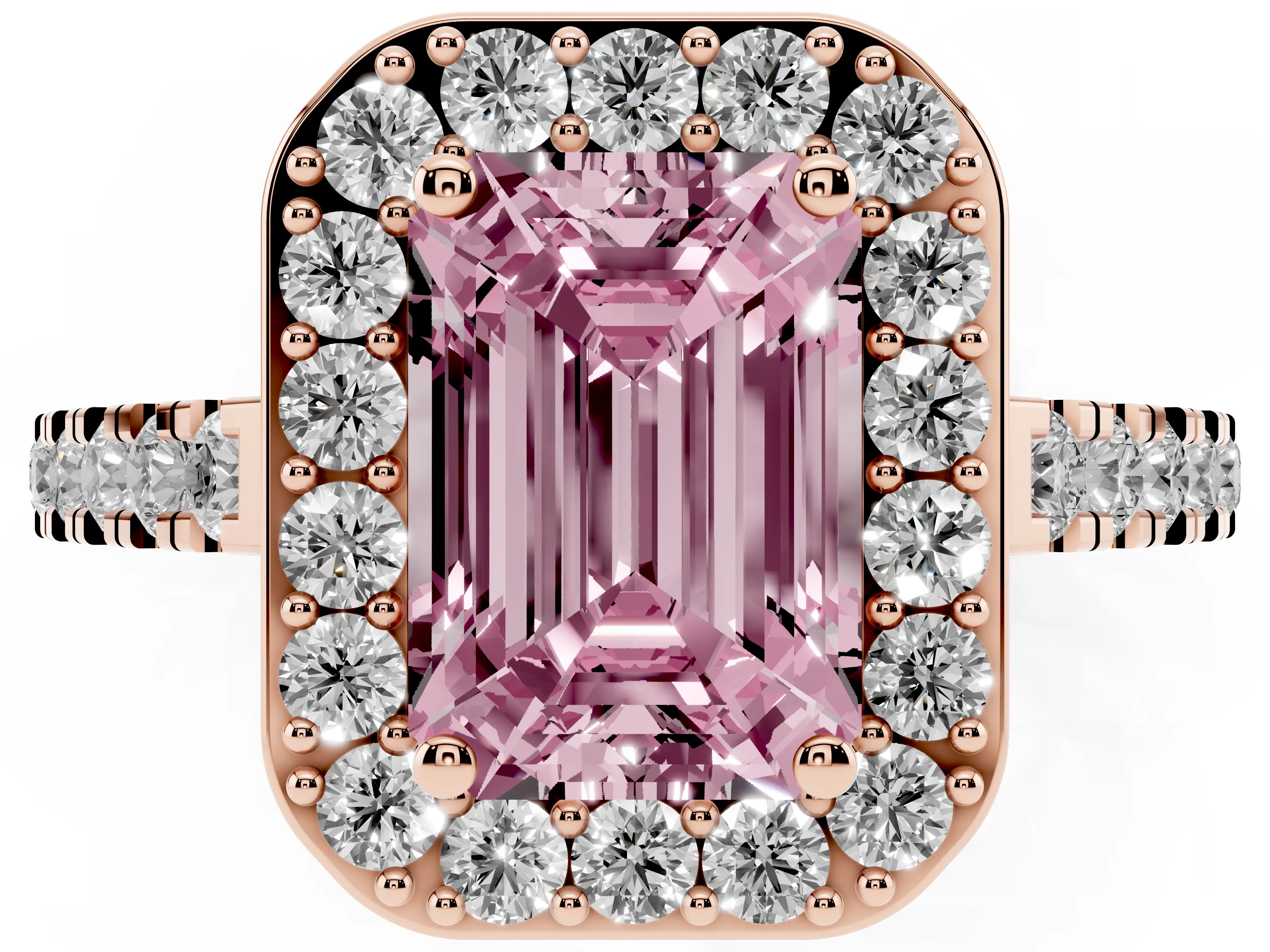 Fancy Pink Emerald Cut Diamond Halo Ring Set in Rose gold with Round Pavé Split Shank and Prong Setting