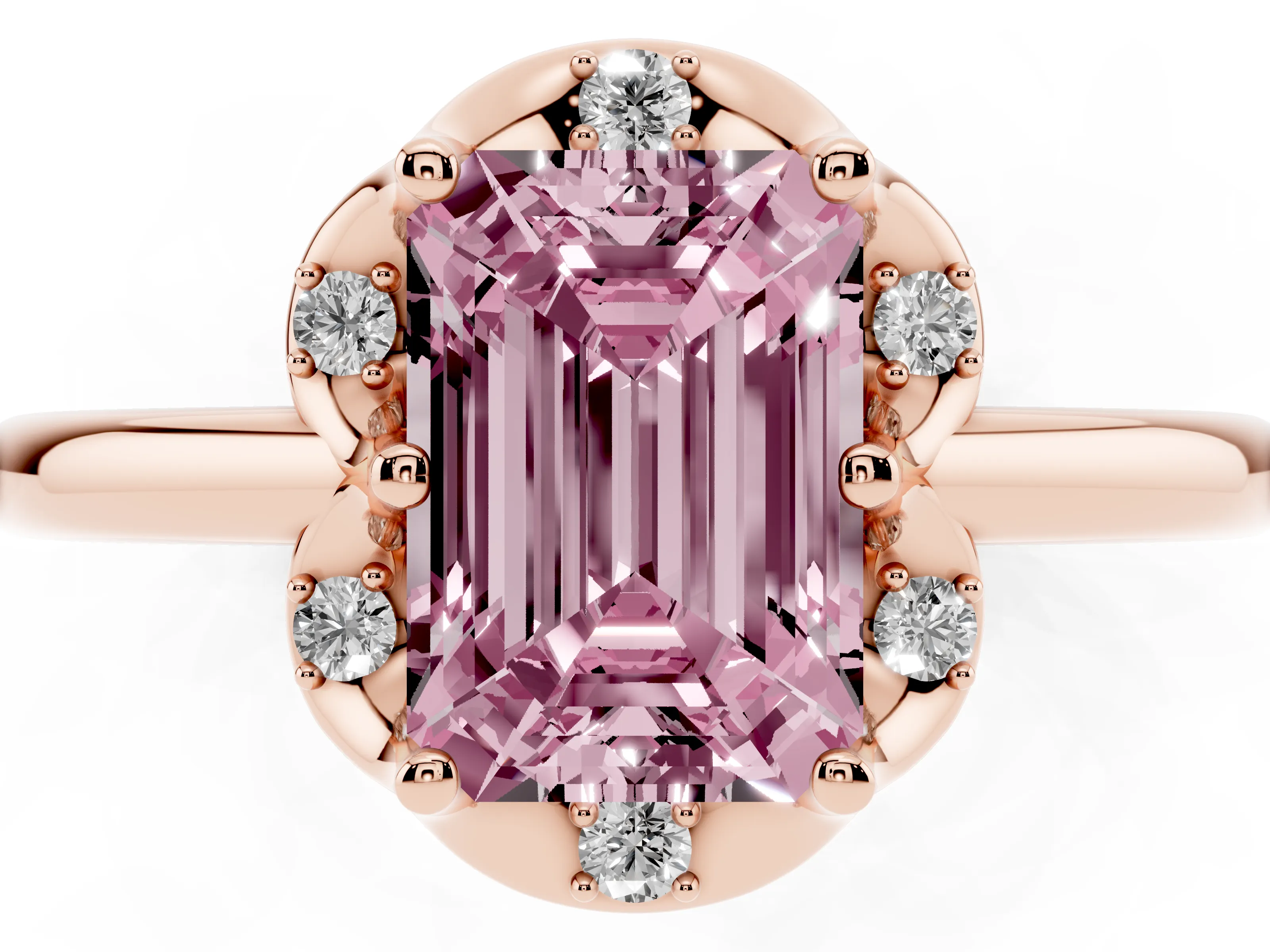 Fancy Pink Emerald Cut Diamond Round Cluster Halo Ring Set in Rose gold with Solitaire Band and Prong Setting