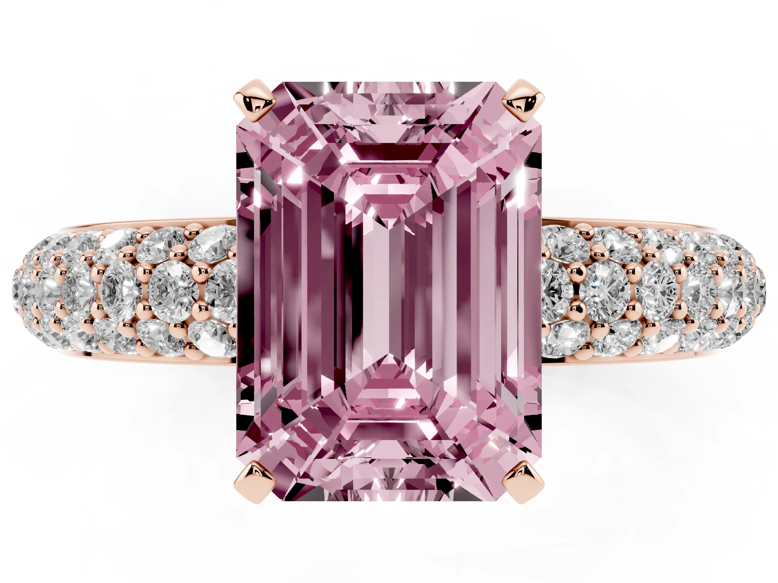 Fancy Pink Emerald Cut Diamond Solitaire Ring Set in Rose gold with Prong Setting and Pavé-Set Band