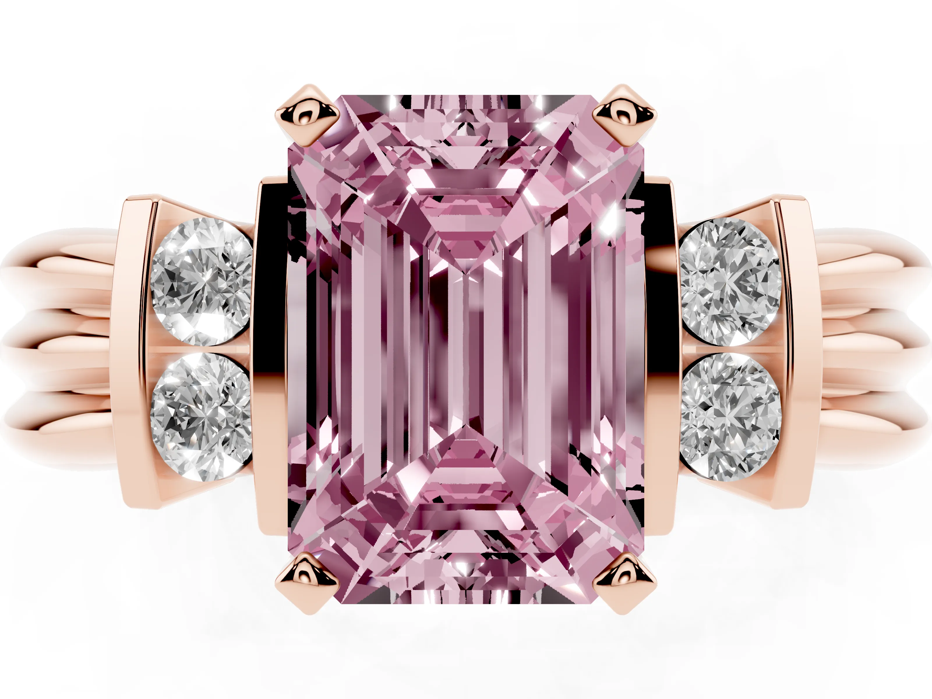 Fancy Pink Three-Stone Emerald Cut Diamond Channel Set Ring Set in Rose gold with Bar Prongs
