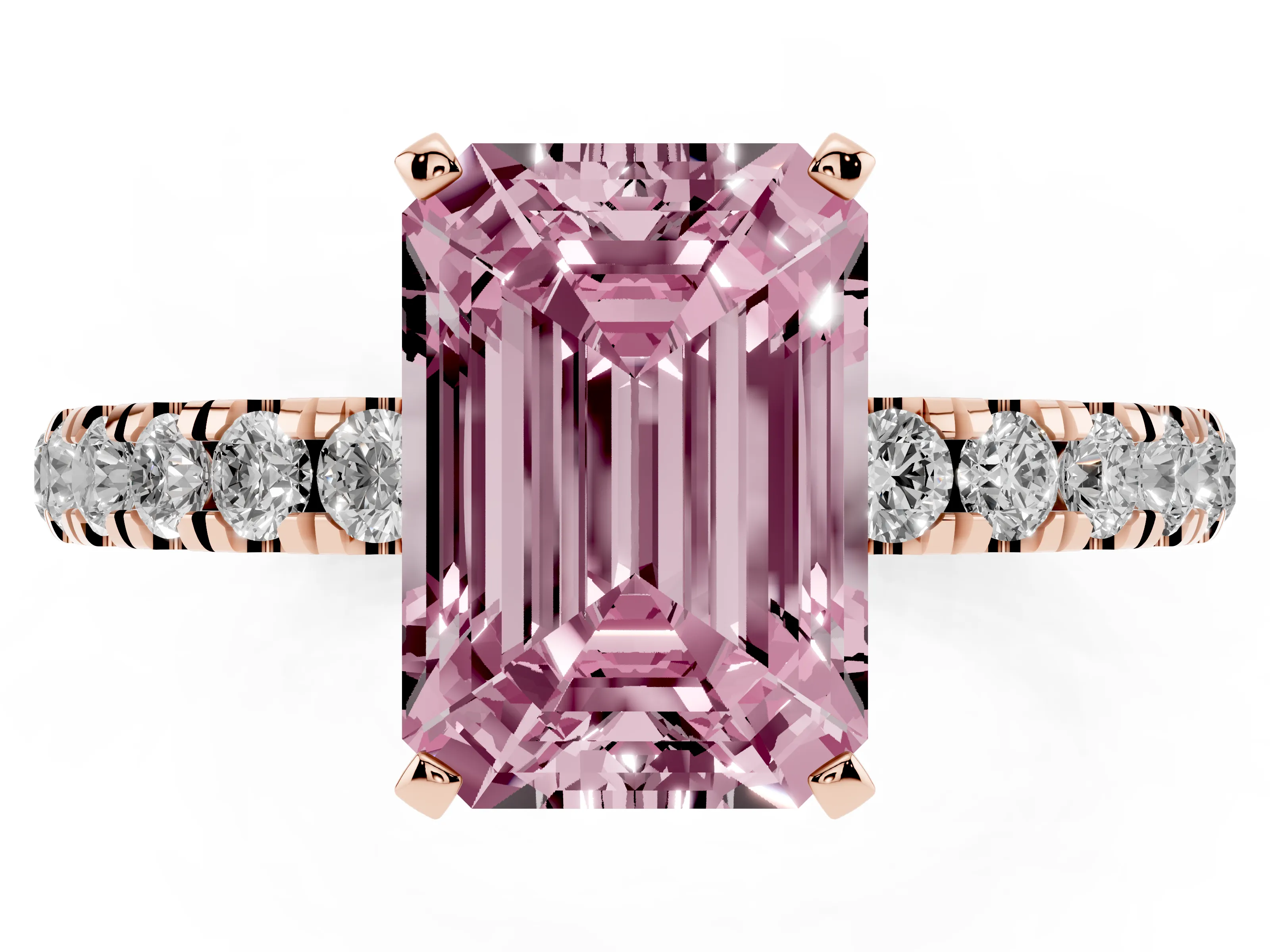 Fancy Pink Emerald Cut Diamond Solitaire Ring Set in Rose gold with Pavé Accents and Prong Setting