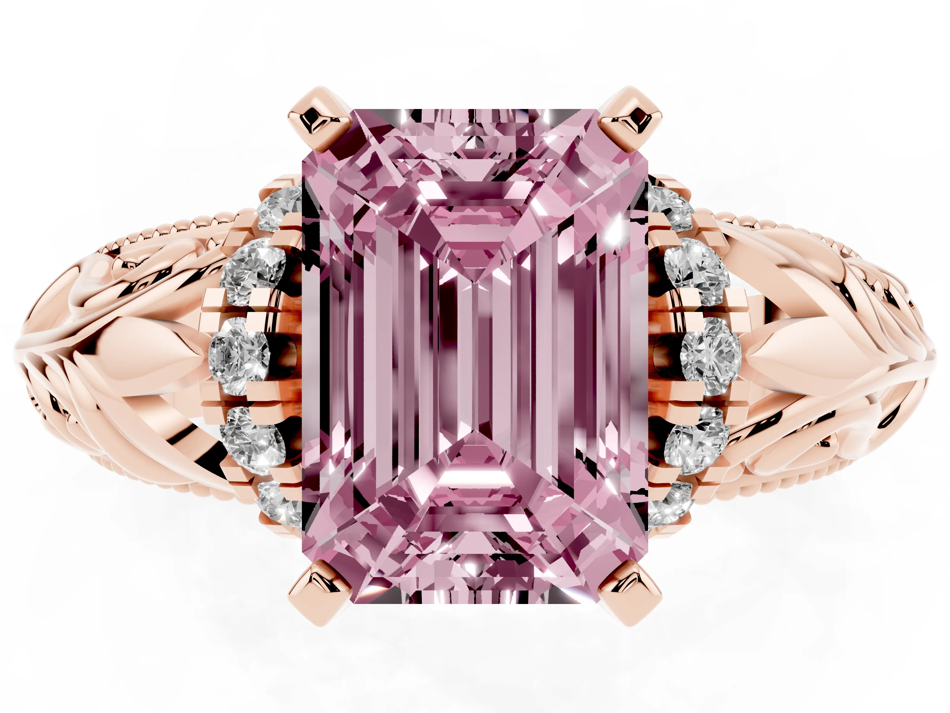 Fancy Pink Emerald Cut Diamond Filigree Halo Engagement Ring Set in Rose gold with Prong Setting
