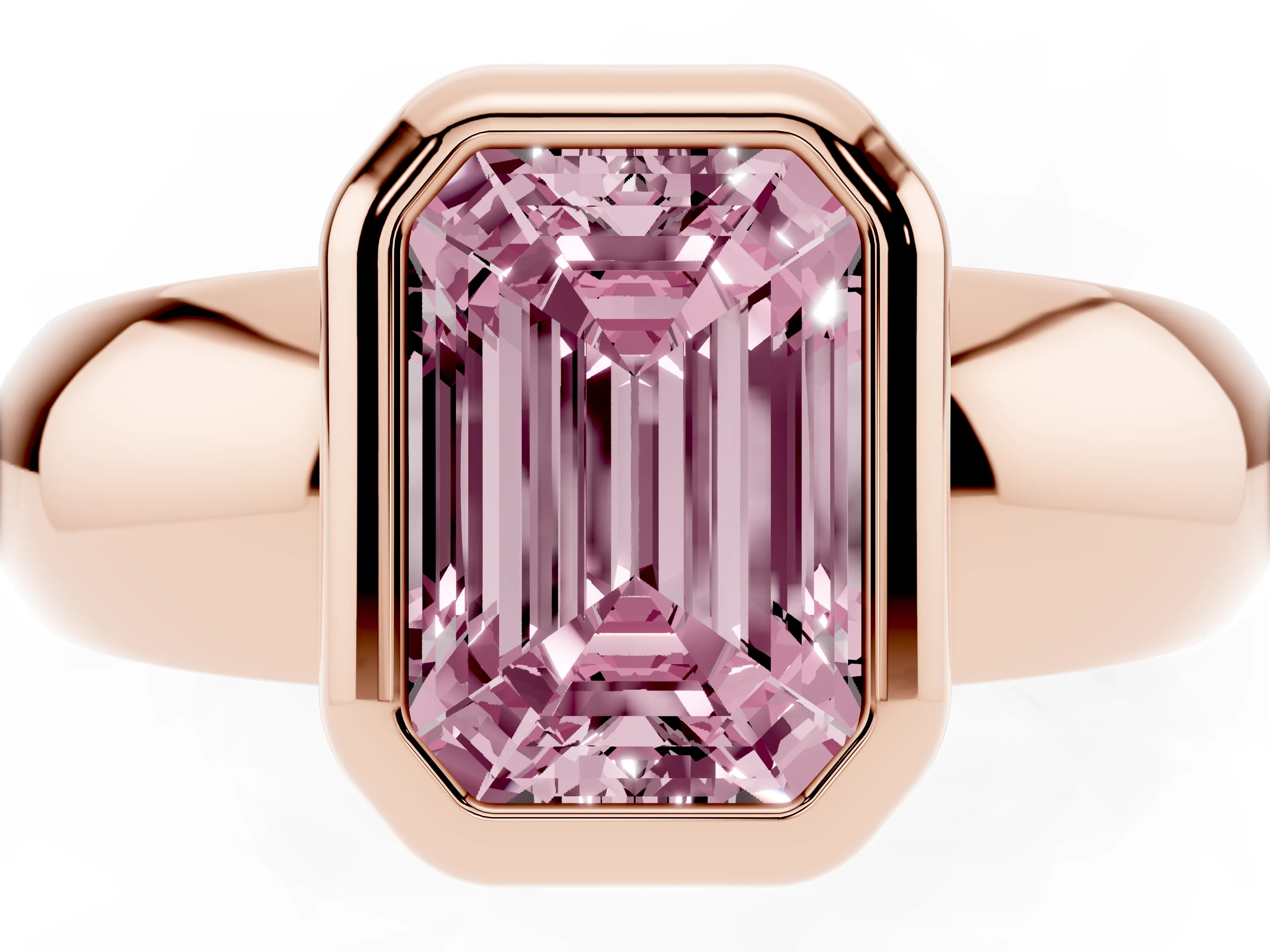 Fancy Pink Bezel Set Emerald Cut Diamond Solitaire Ring Set in Rose gold with Wide Band