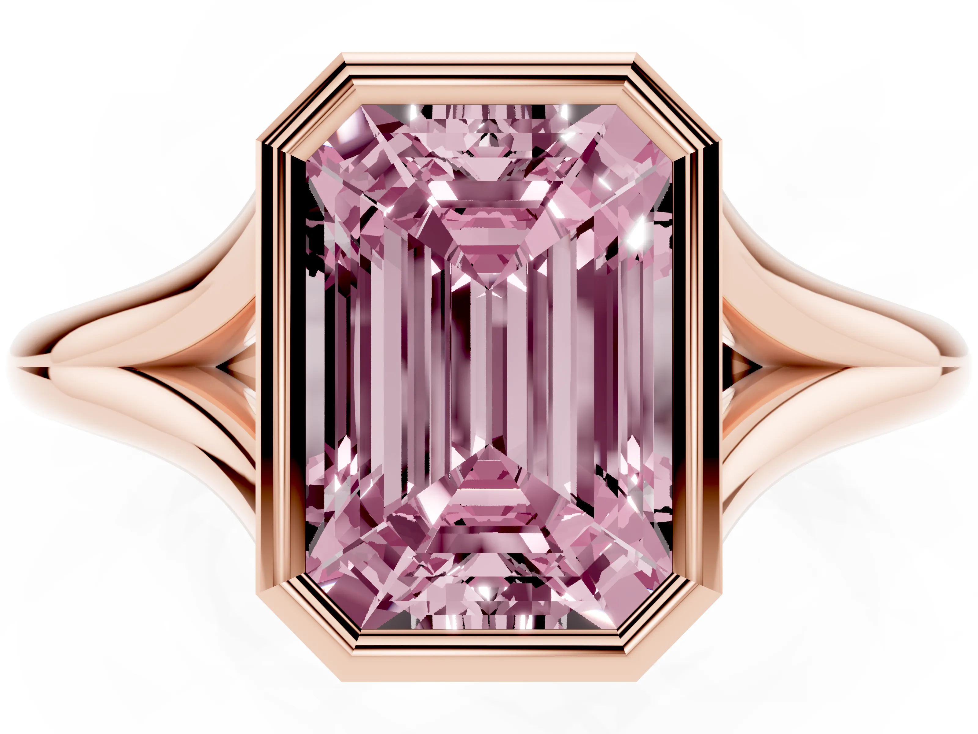 Fancy Pink Bezel Set Emerald Cut Diamond Solitaire Ring Set in Rose gold with Tapered Band