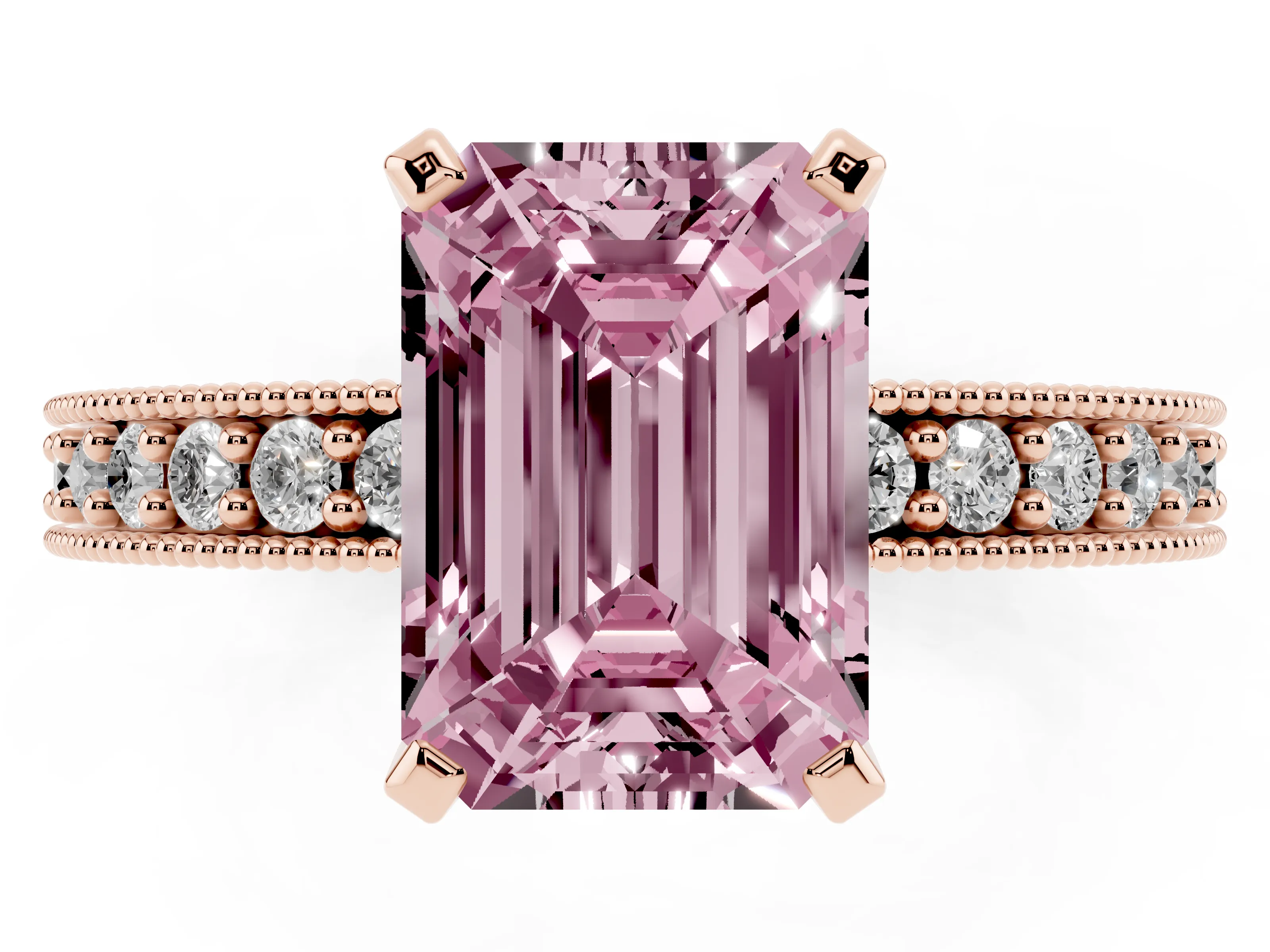 Fancy Pink Emerald Cut Diamond Milgrain Pavé Engagement Ring Set in Rose gold with Prong Setting
