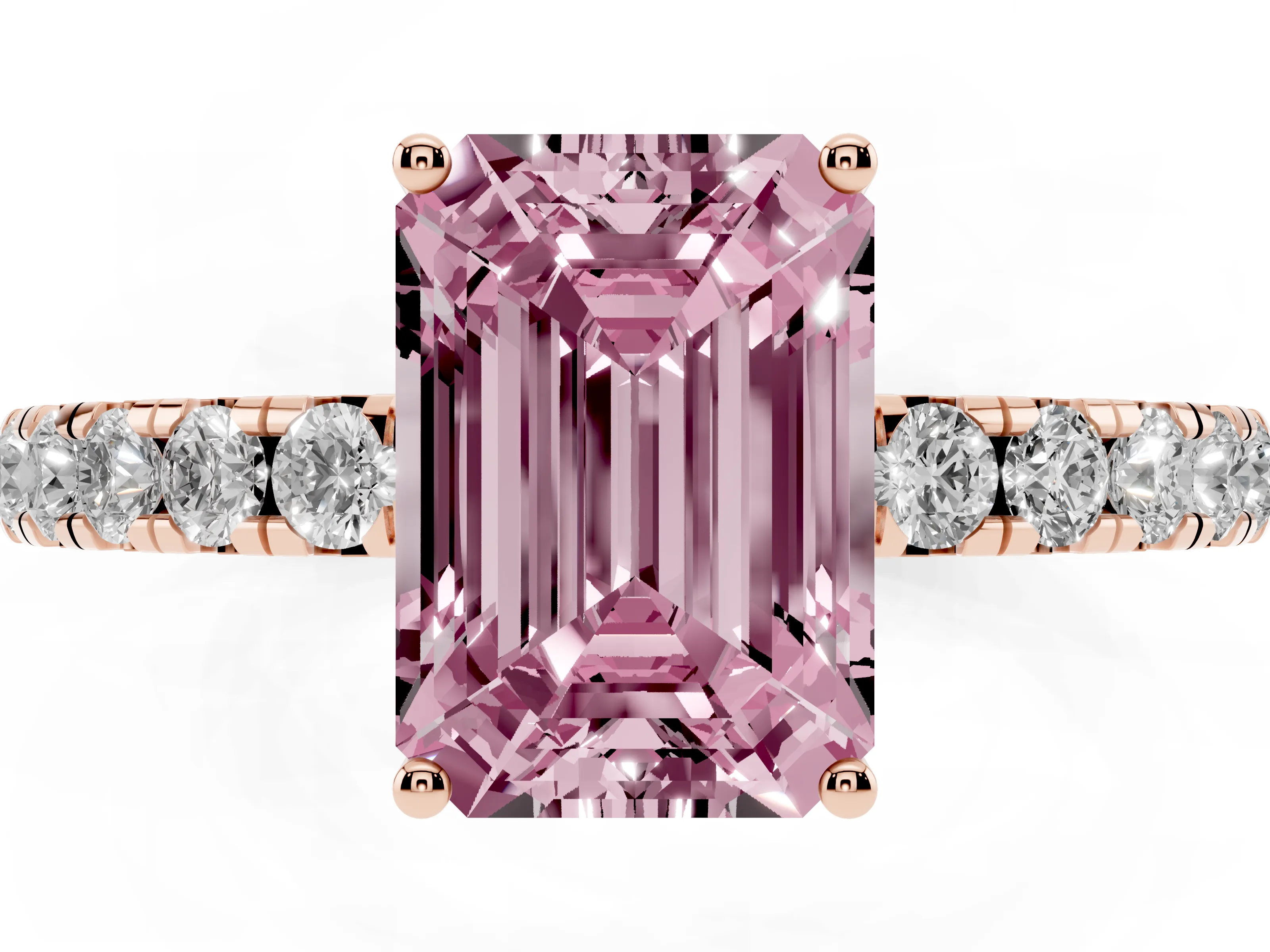 Fancy Pink Emerald Cut Diamond Pavé Solitaire Engagement Ring Set in Rose gold with Prong Setting