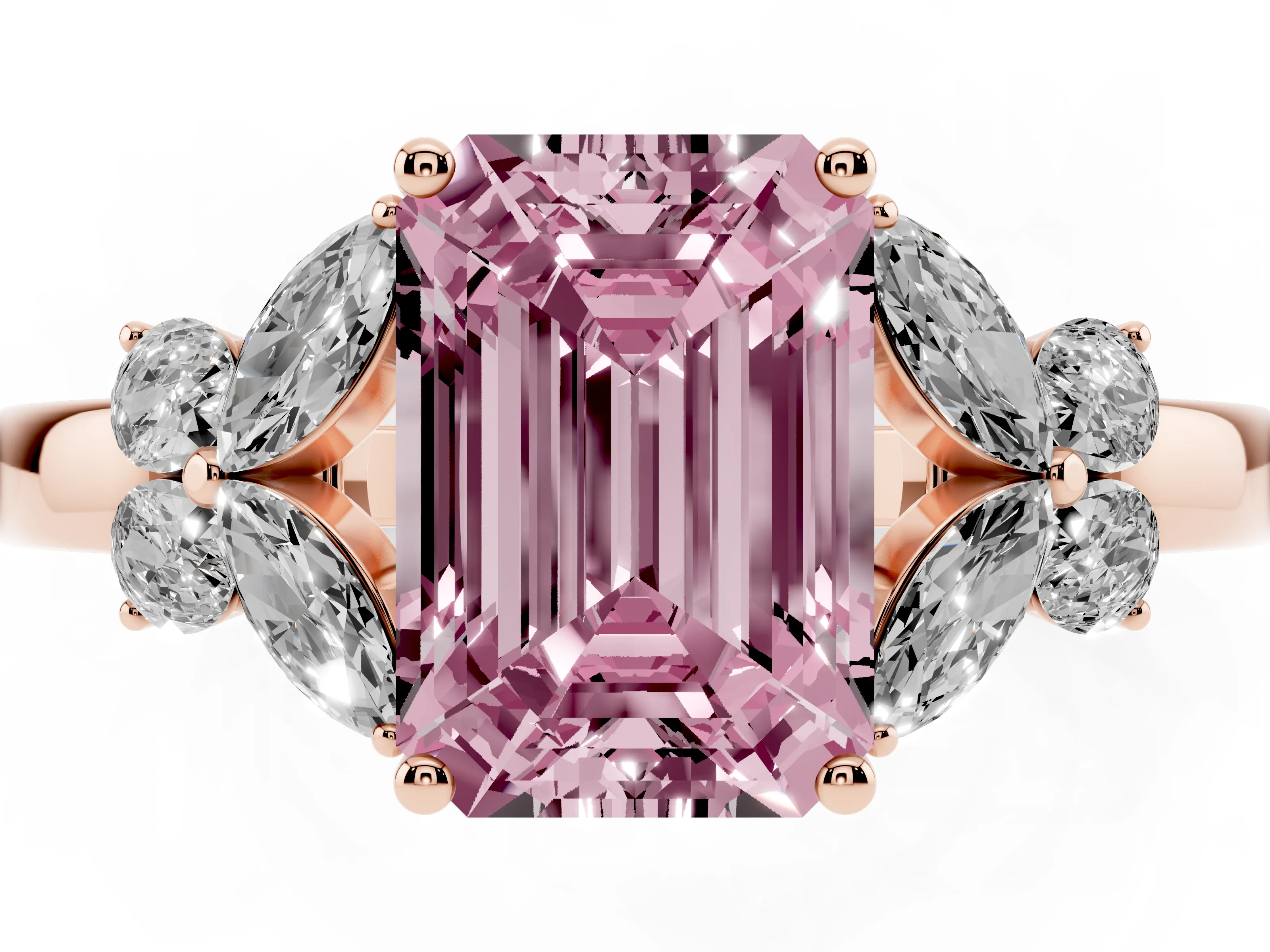 Fancy Pink Emerald Cut Diamond Solitaire Floral Ring Set in Rose gold with Marquise Petals and Prong Setting