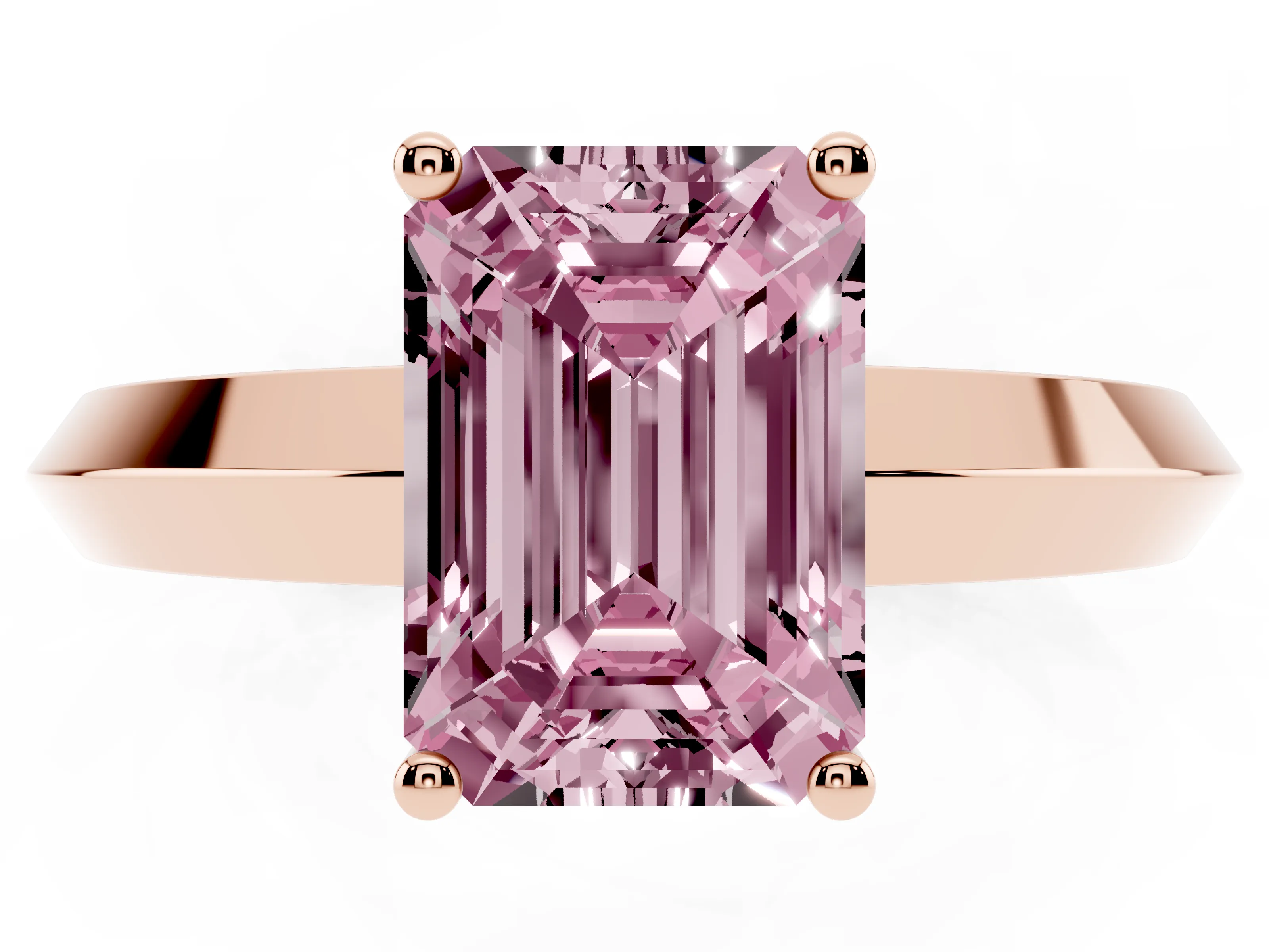 Fancy Pink Emerald Cut Diamond Solitaire Engagement Ring Set in Rose gold with Flat Band and Prong Setting
