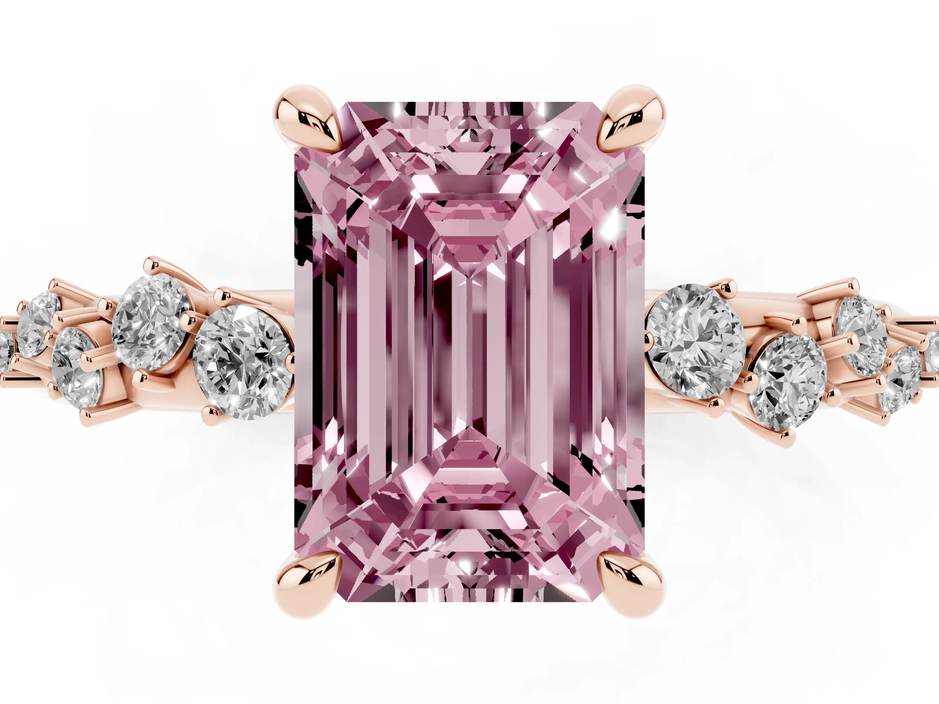 Fancy Pink Emerald Cut Diamond Solitaire Vine Band Ring Set in Rose gold with Round Accents and Prong Setting