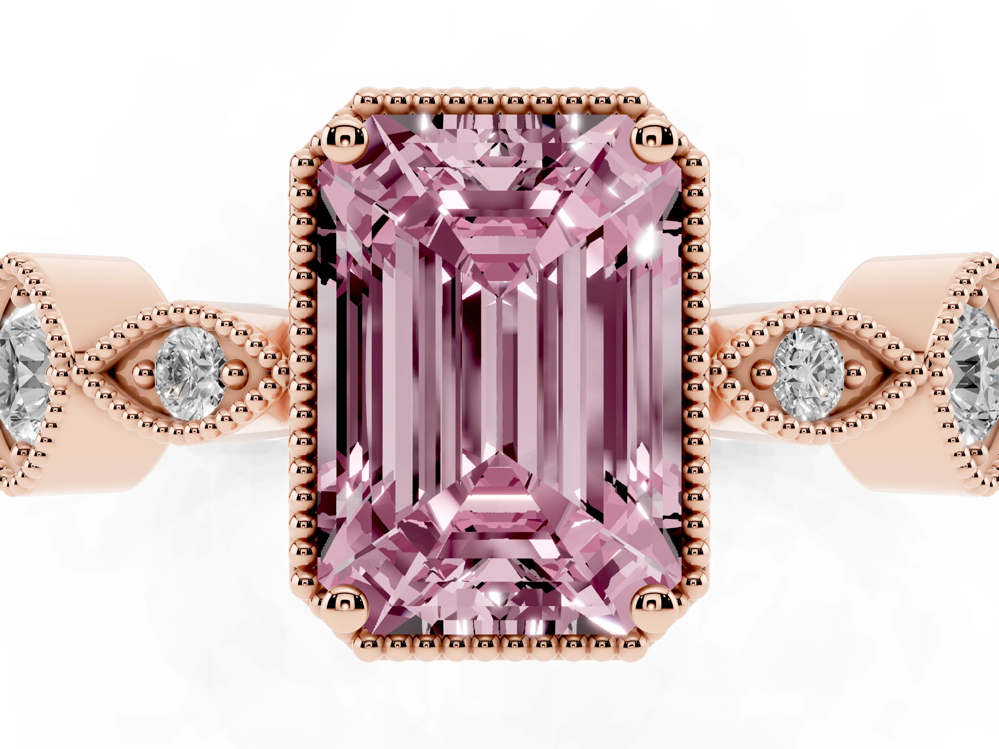 Fancy Pink Emerald Cut Diamond Vintage-Inspired Milgrain Ring Set in Rose gold with Marquise Stations of Round Accents