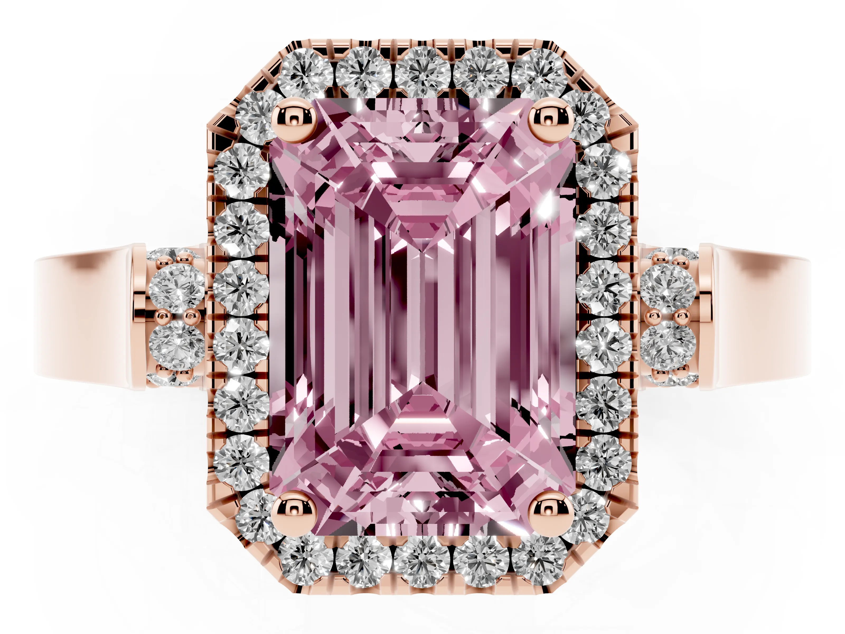 Fancy Pink Emerald Cut Diamond Halo Ring Set in Rose gold with Pavé-Lined Split Shank Band