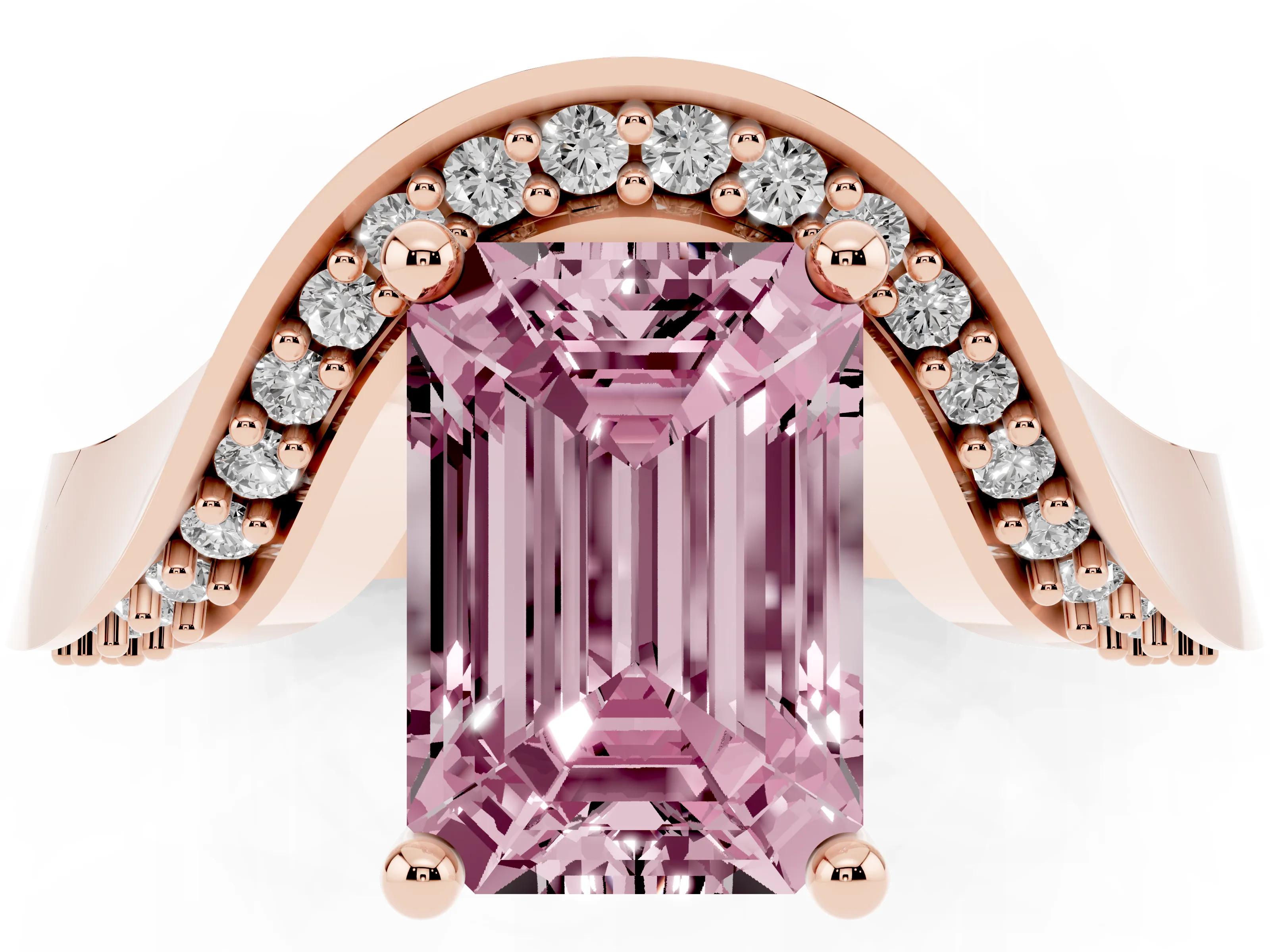 Fancy Pink Emerald Cut Diamond Solitaire Engagement Ring Set in Rose gold with Pavé Shoulders