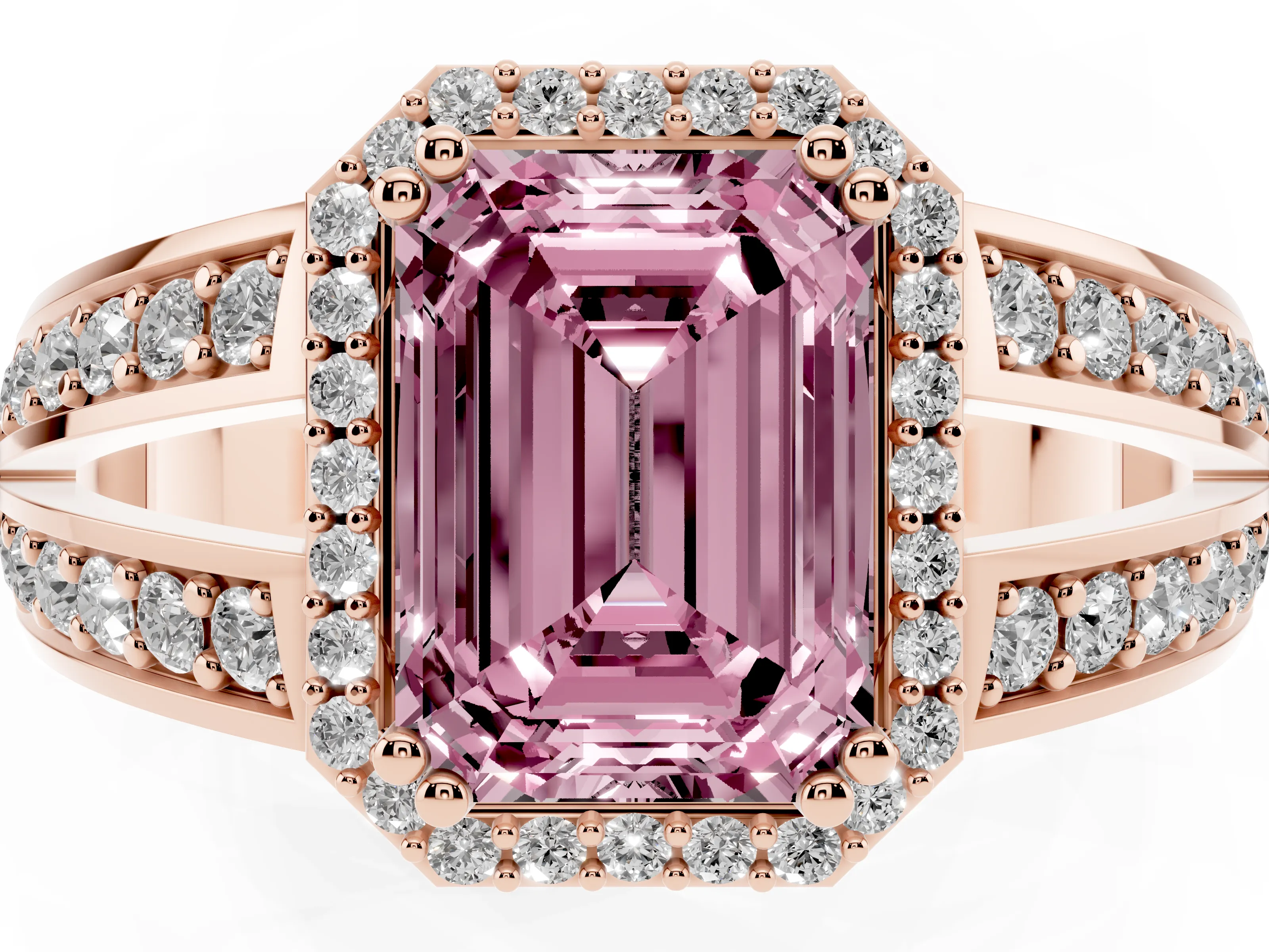 Fancy Pink Emerald Cut Diamond Halo Ring Set in Rose gold with Double Pavé Split Shank