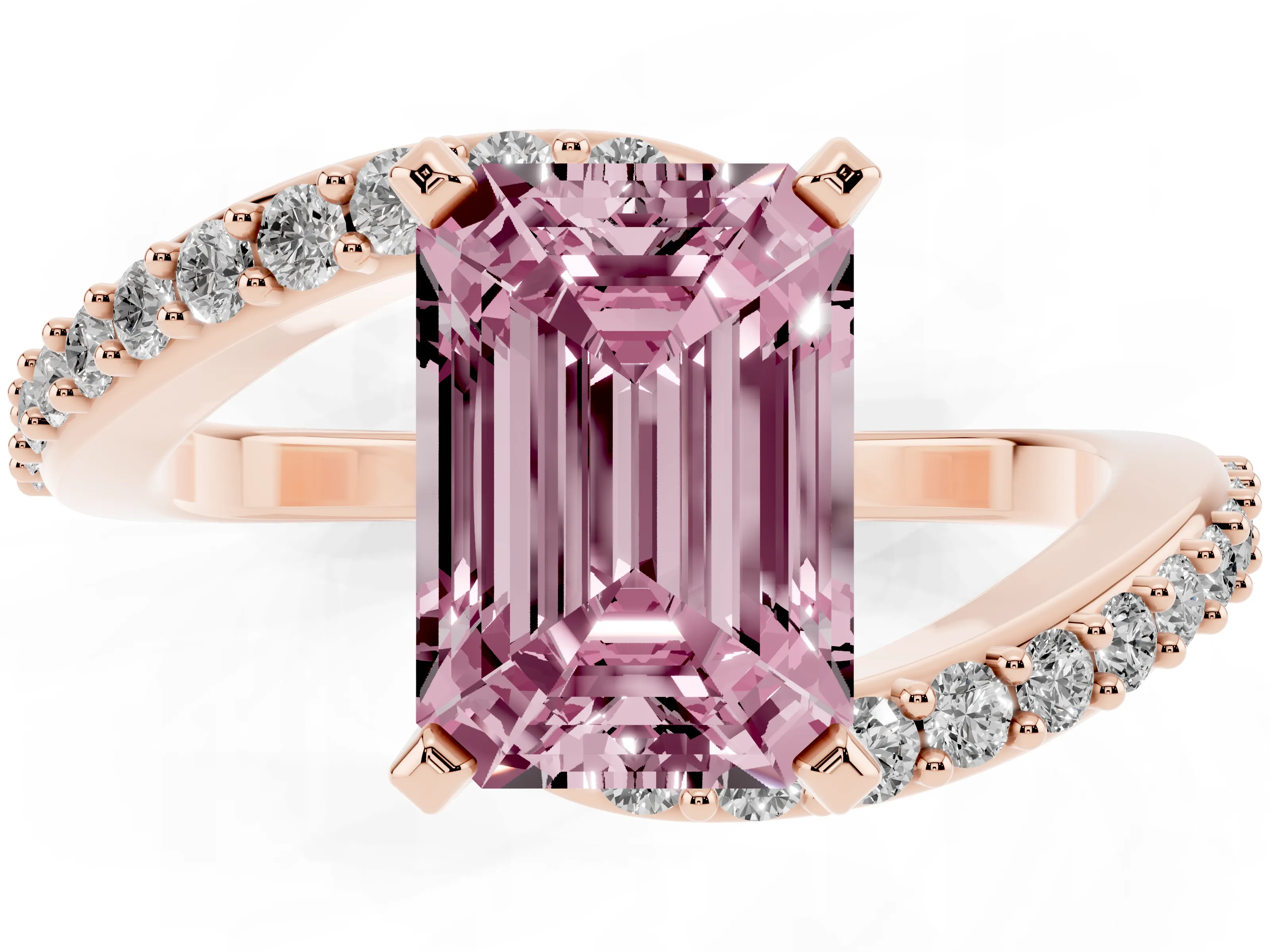 Fancy Pink Emerald Cut Diamond Solitaire Ring Set in Rose gold with Pavé Twist Band and Prong Setting