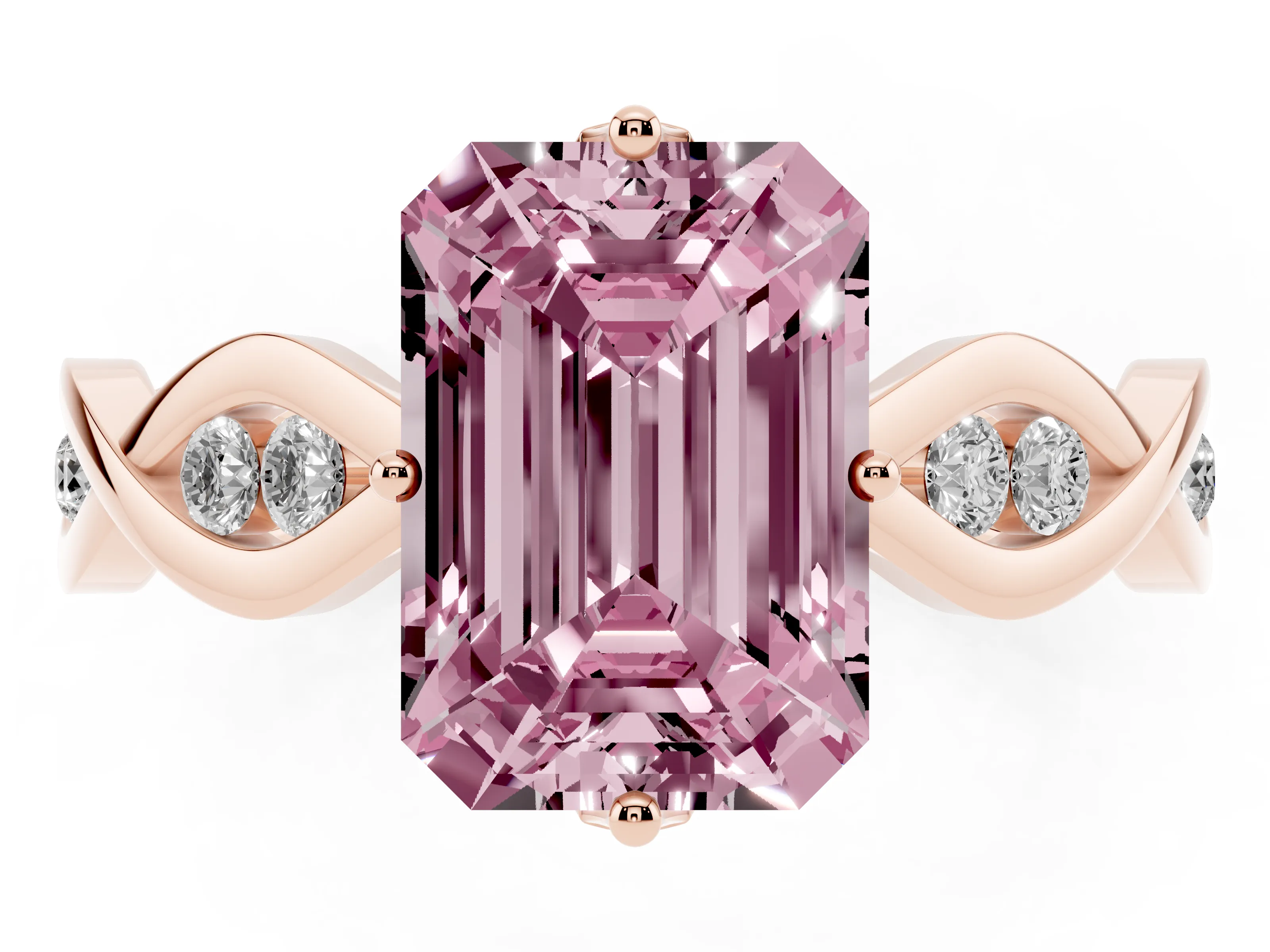 Fancy Pink Emerald Cut Diamond Twist Band Solitaire Ring Set in Rose gold with Leaf Prong Setting and Accent Stones