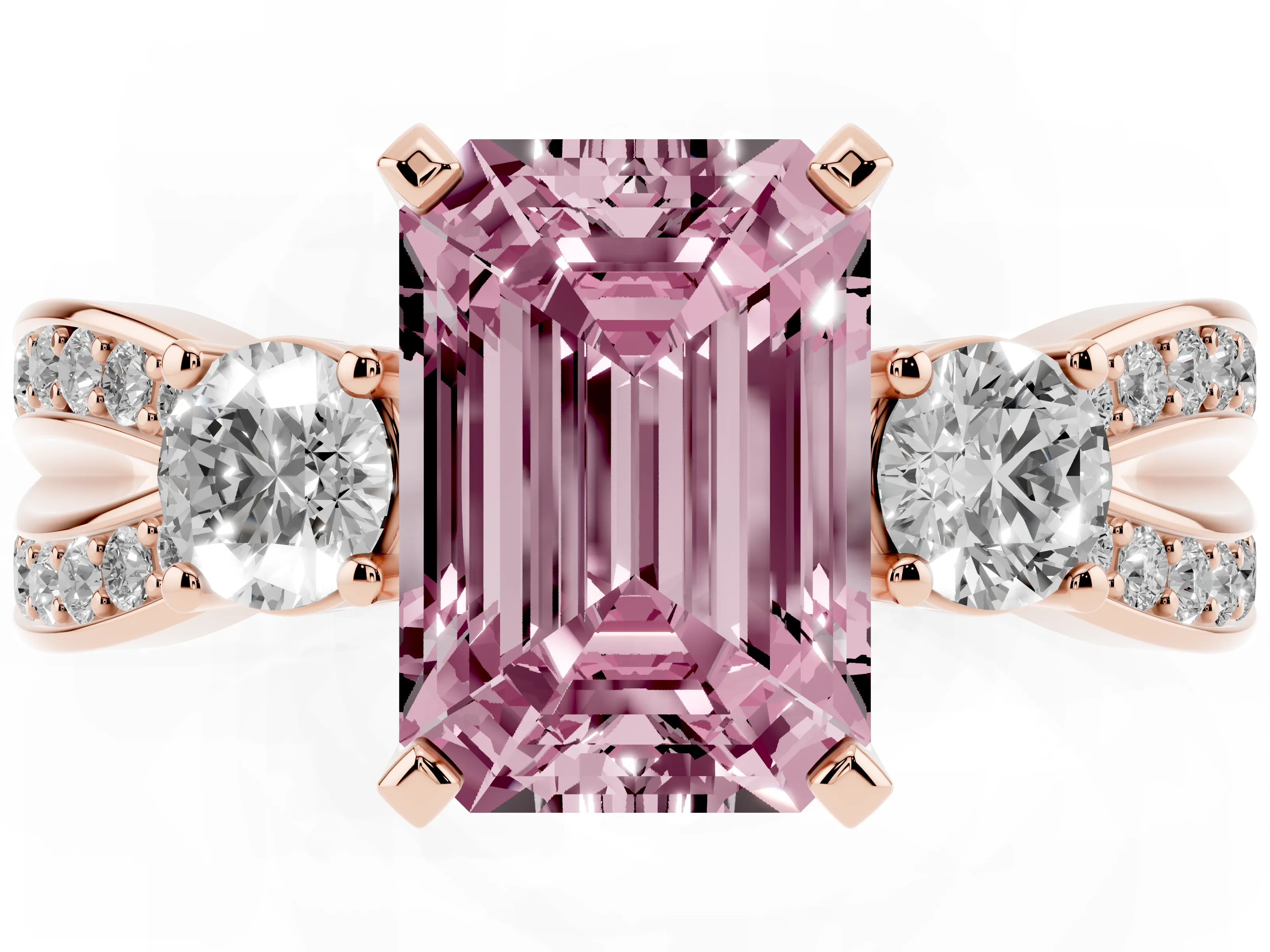 Fancy Pink Three-Stone Emerald Cut Diamond Twist Band Ring Set in Rose gold with Pavé Accents and Prong Setting