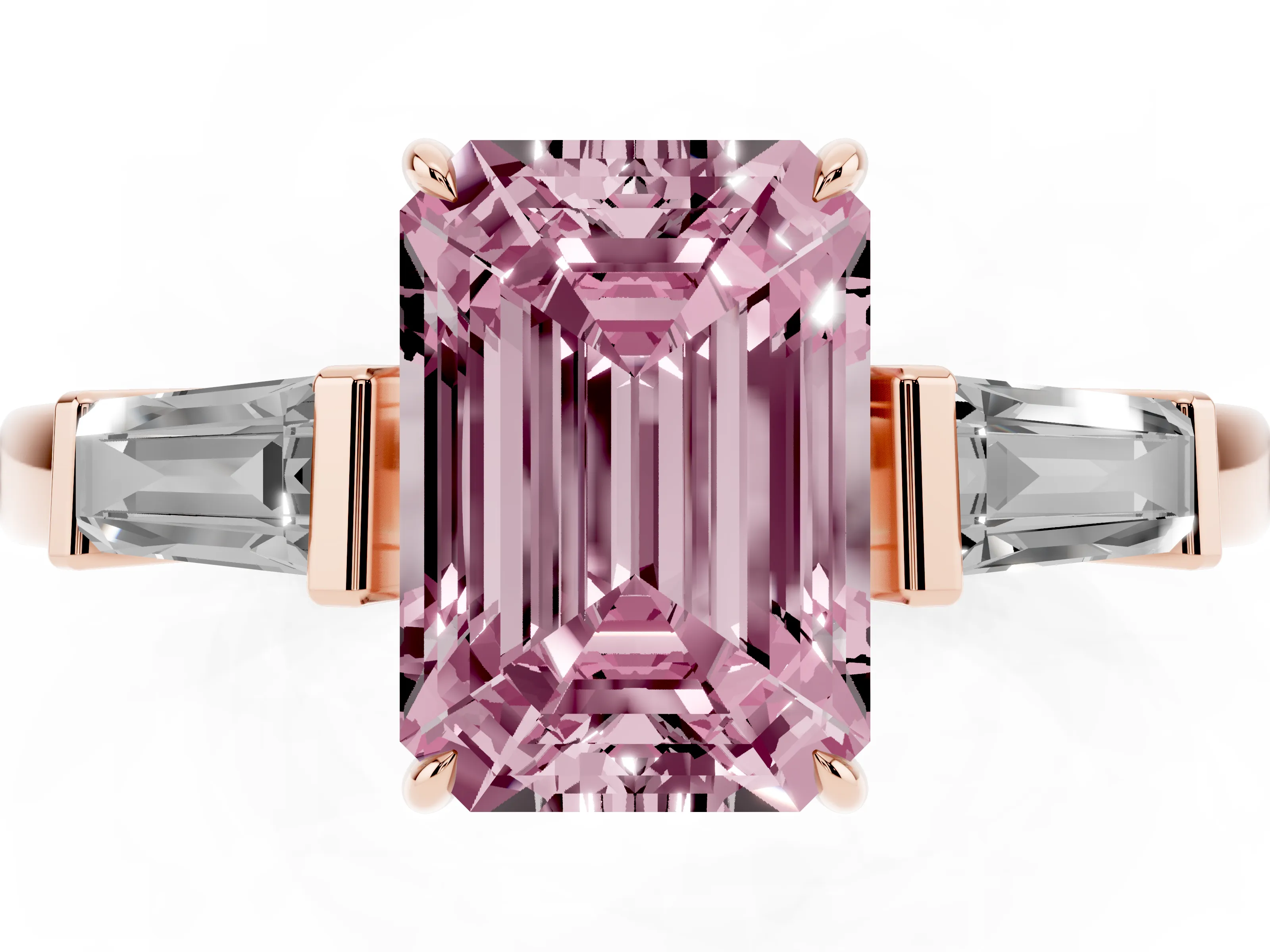 Fancy Pink Emerald Cut Diamond Three-Stone Ring Set in Rose gold with Tapered Baguette Side Stones and Prong Setting