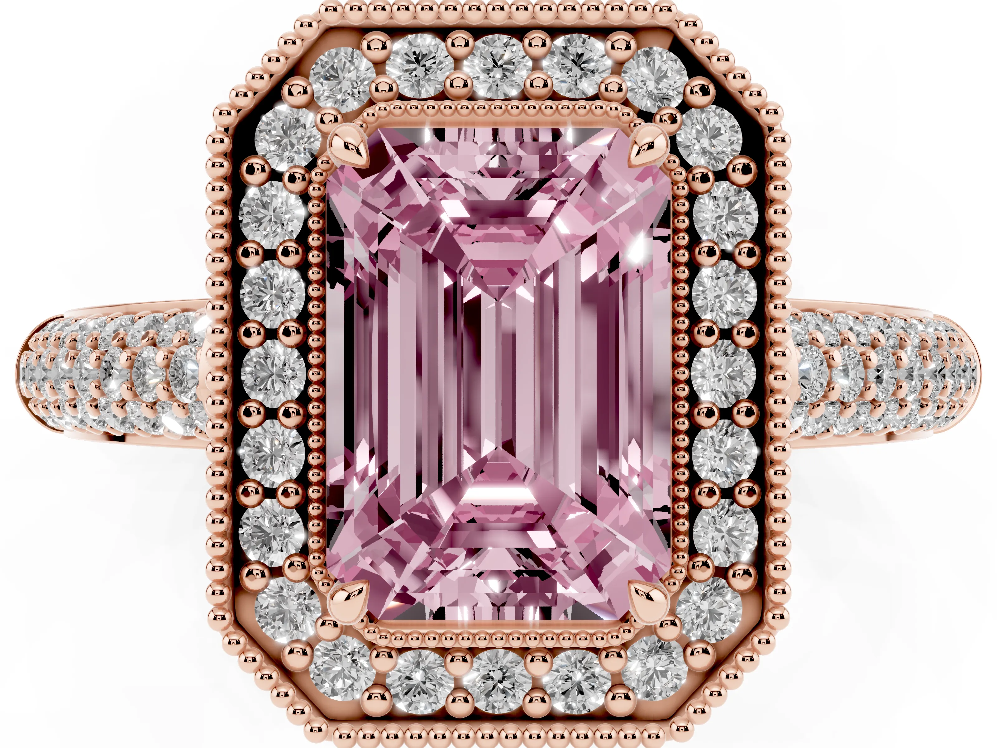 Fancy Pink Emerald Cut Diamond Halo Pavé Band Set in Rose gold with Prong Setting