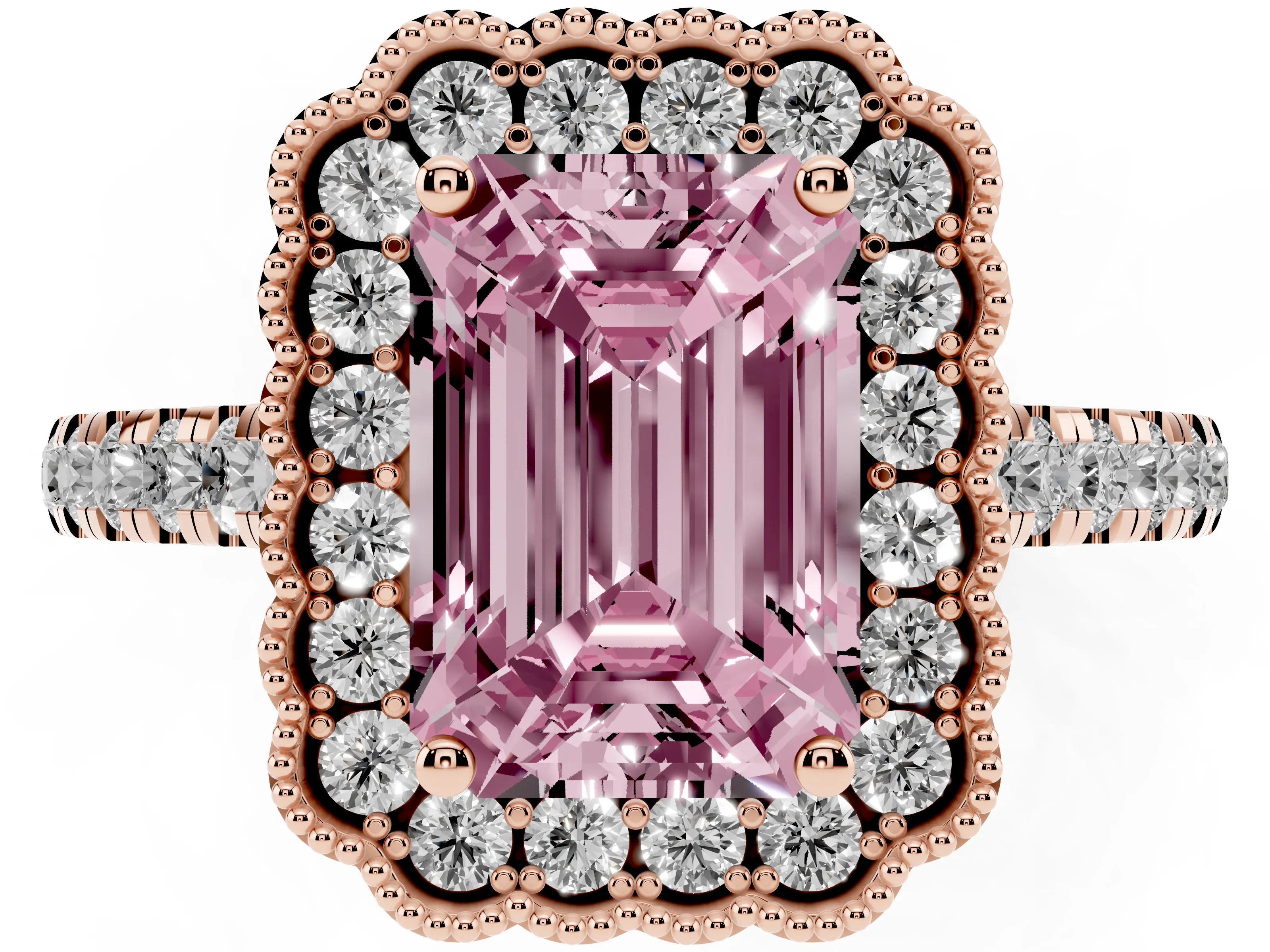 Fancy Pink Emerald Cut Diamond Milgrain Floral Halo Engagement Ring Set in Rose gold with Pavé Band