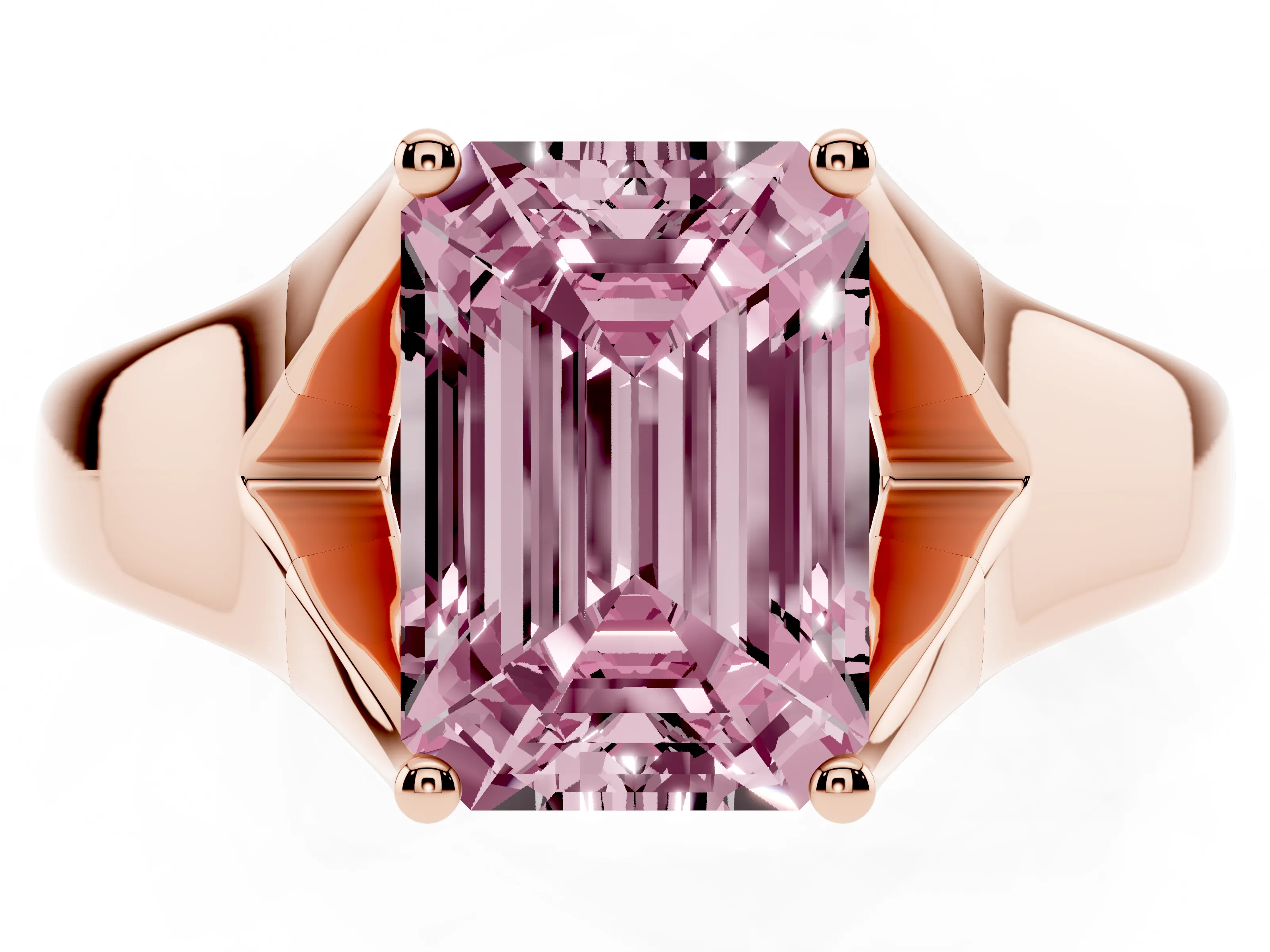Fancy Pink Emerald Cut Diamond Solitaire Ring Set in Rose gold with Arched Cathedral Band and Prong Setting