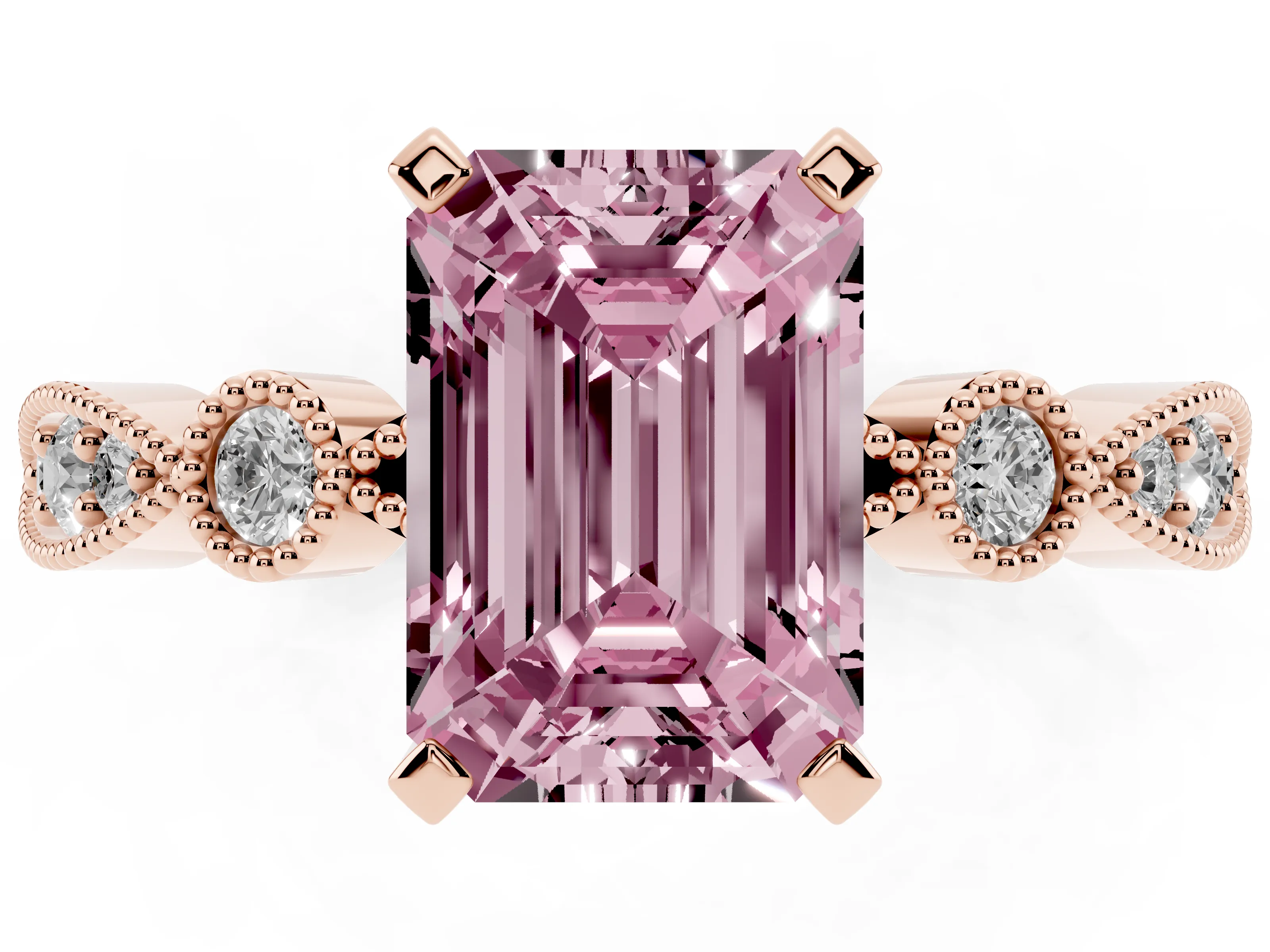 Fancy Pink Emerald Cut Diamond Solitaire Engagement Ring Set in Rose gold with Milgrain Bezel Accent Band