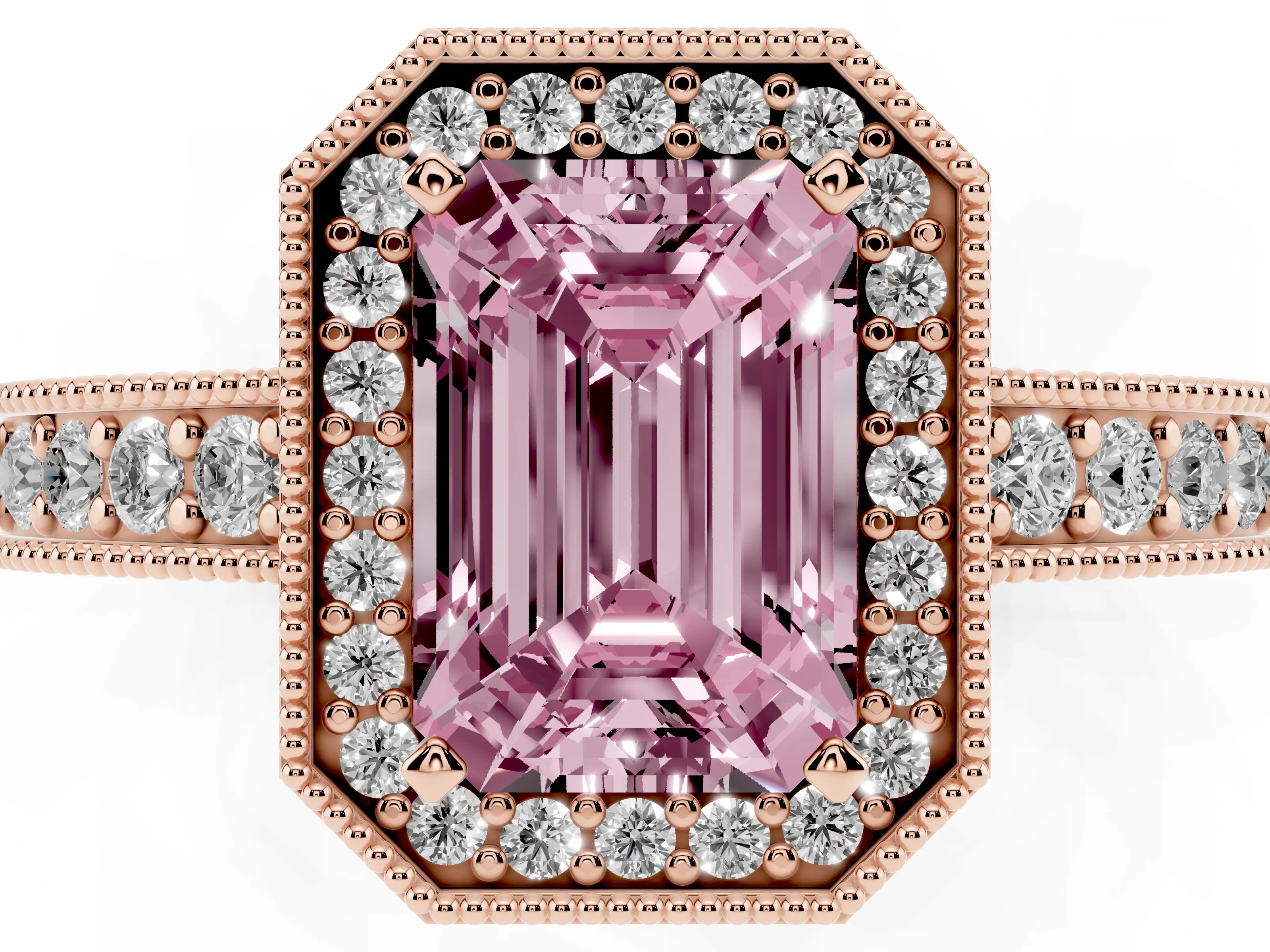 Fancy Pink Emerald Cut Diamond Halo Pavé Band Ring Set in Rose gold with Prong-Set Center