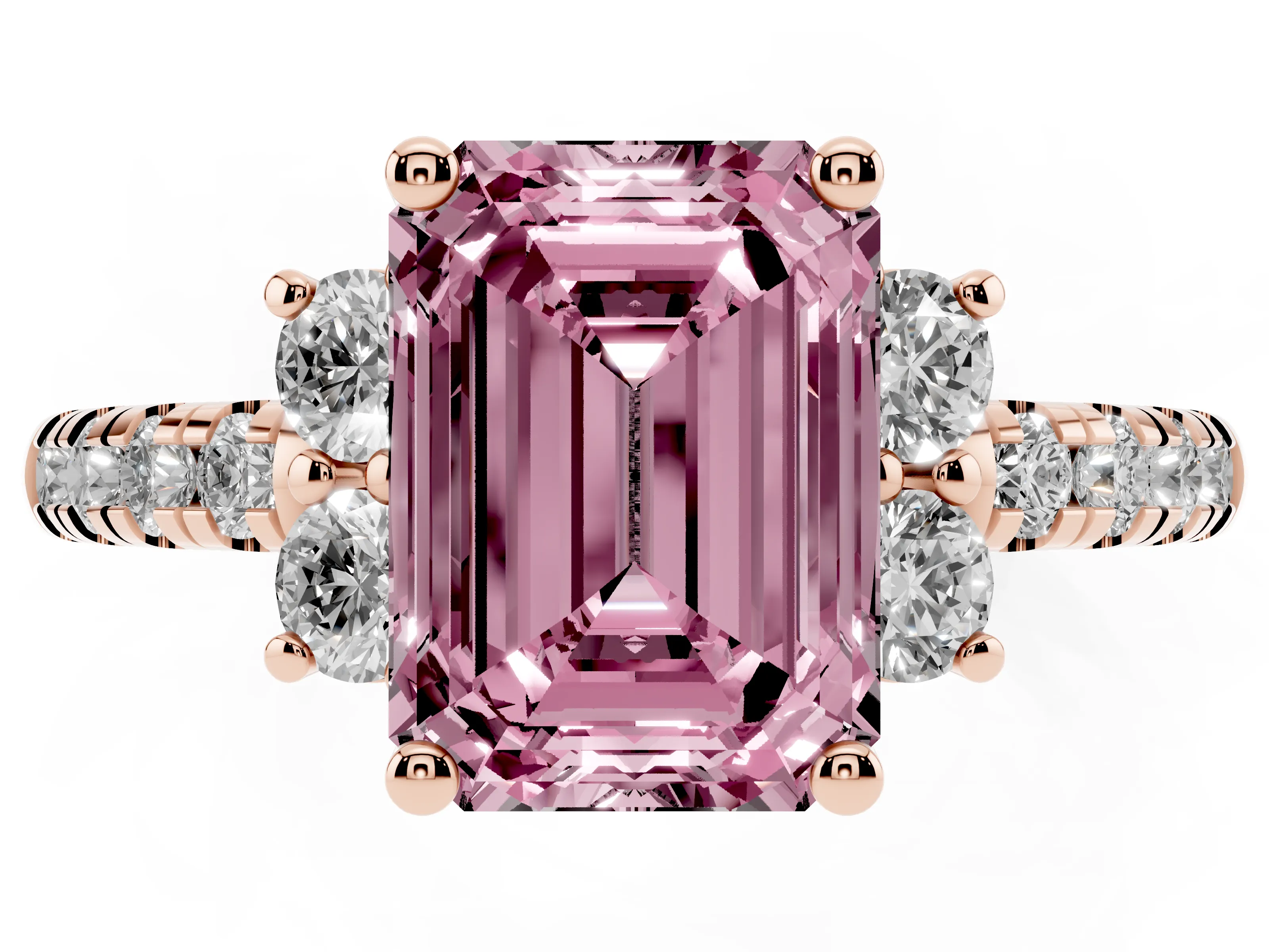 Fancy Pink Emerald Cut Diamond Three-Stone Pavé Ring Set in Rose gold with Prong Setting