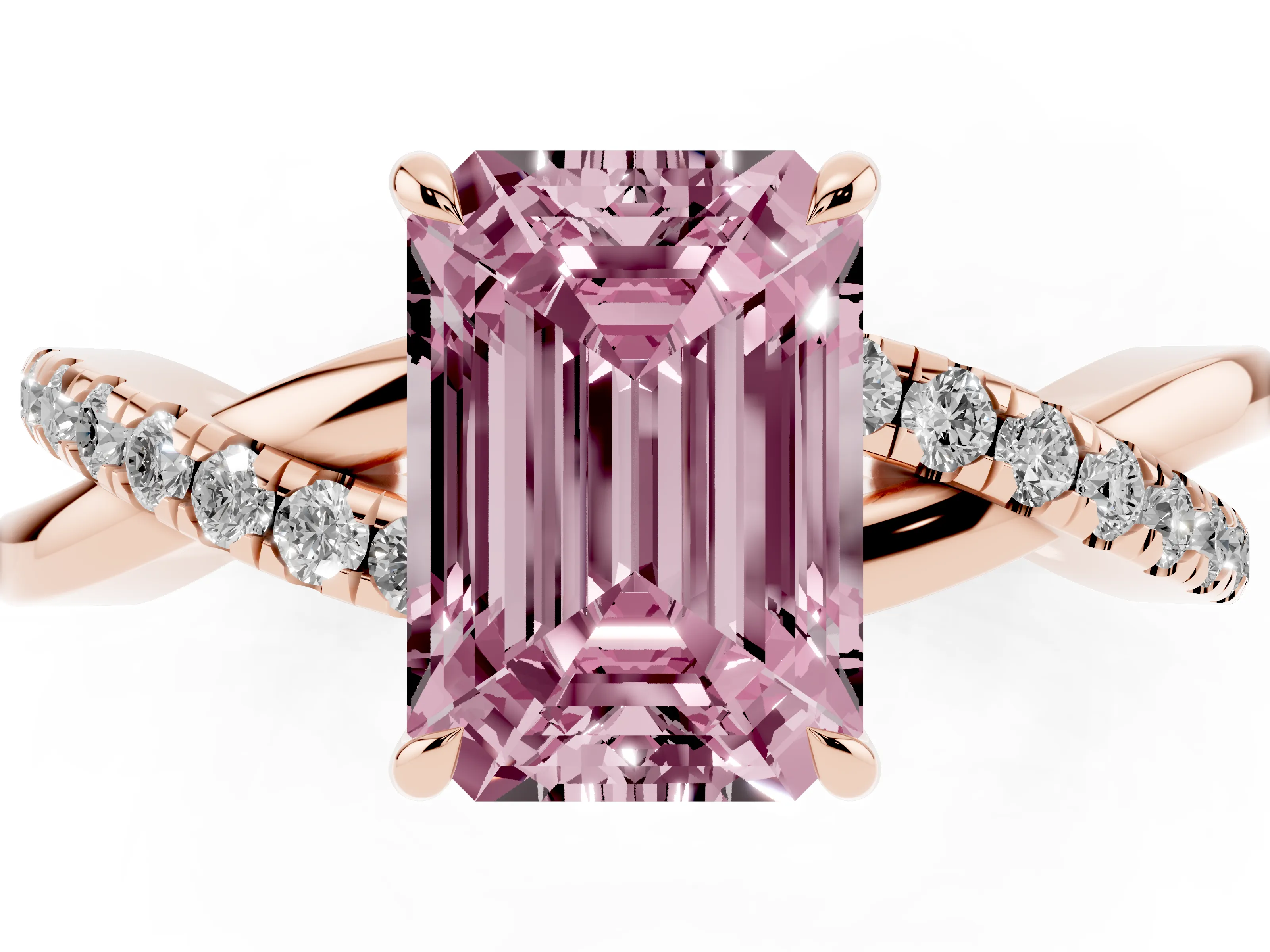 Fancy Pink Emerald Cut Diamond Twisted Pavé Band Ring Set in Rose gold with Prong Setting