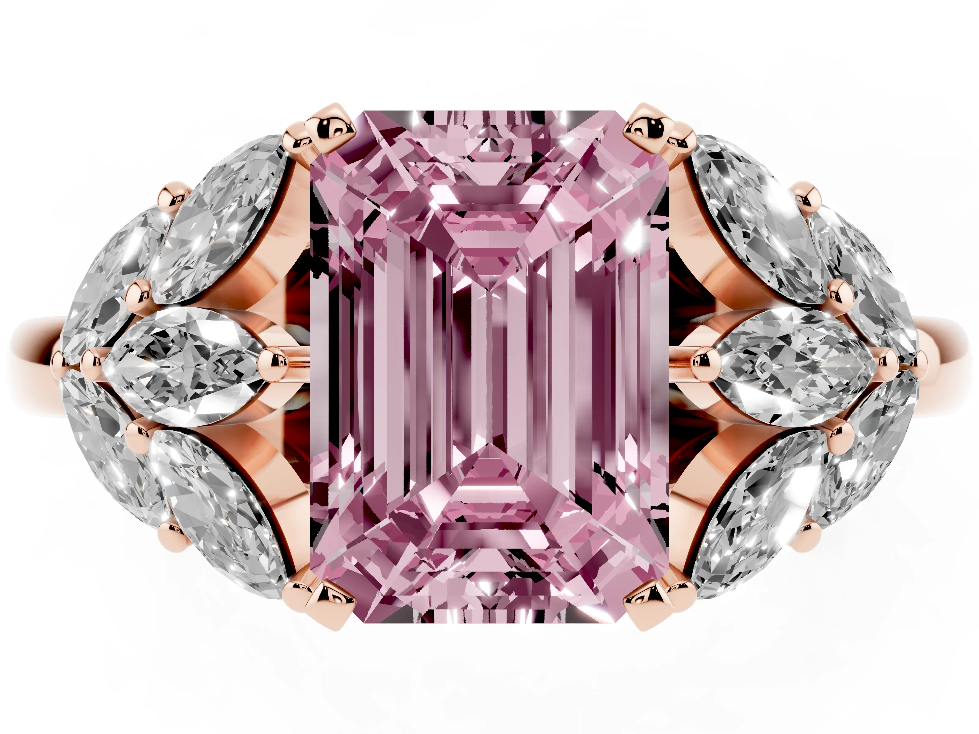 Fancy Pink Emerald Cut Diamond Cluster Leaf Design Ring Set in Rose gold with Prong Setting