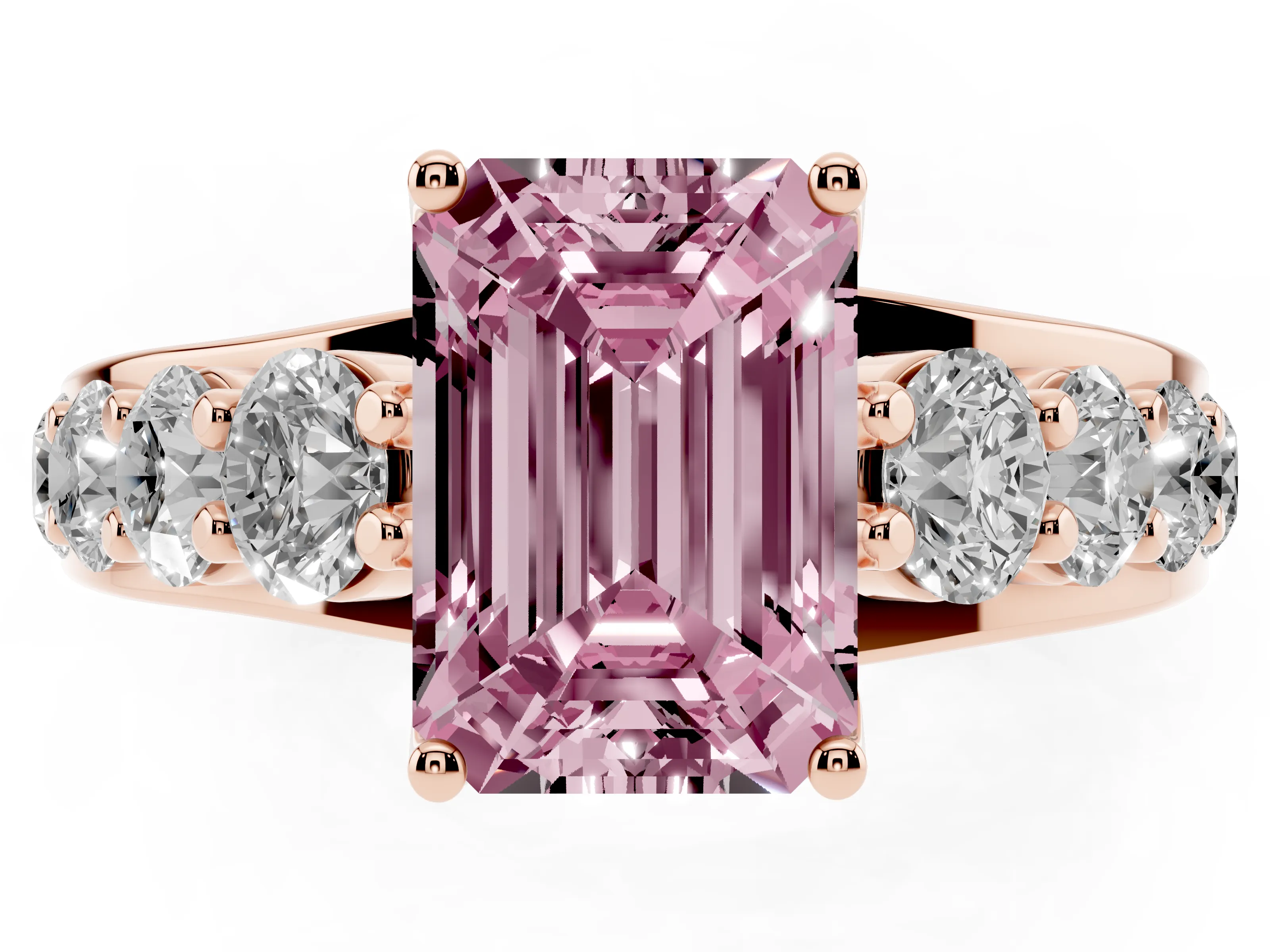 Fancy Pink Emerald Cut Diamond Pavé Engagement Ring Set in Rose gold with Prong Setting