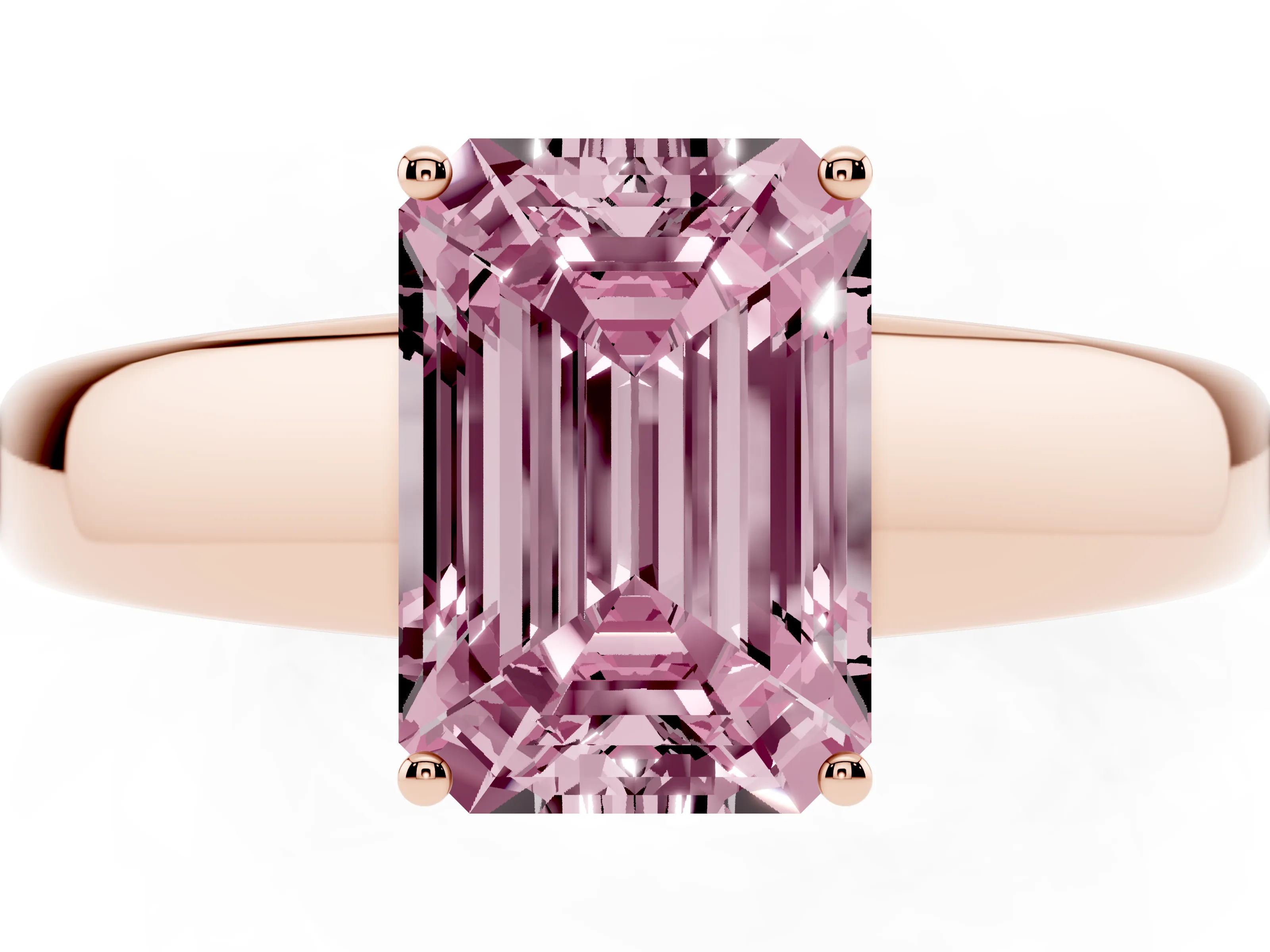 Fancy Pink Emerald Cut Diamond Solitaire Ring Set in Rose gold with Tapered Band and Prong Setting