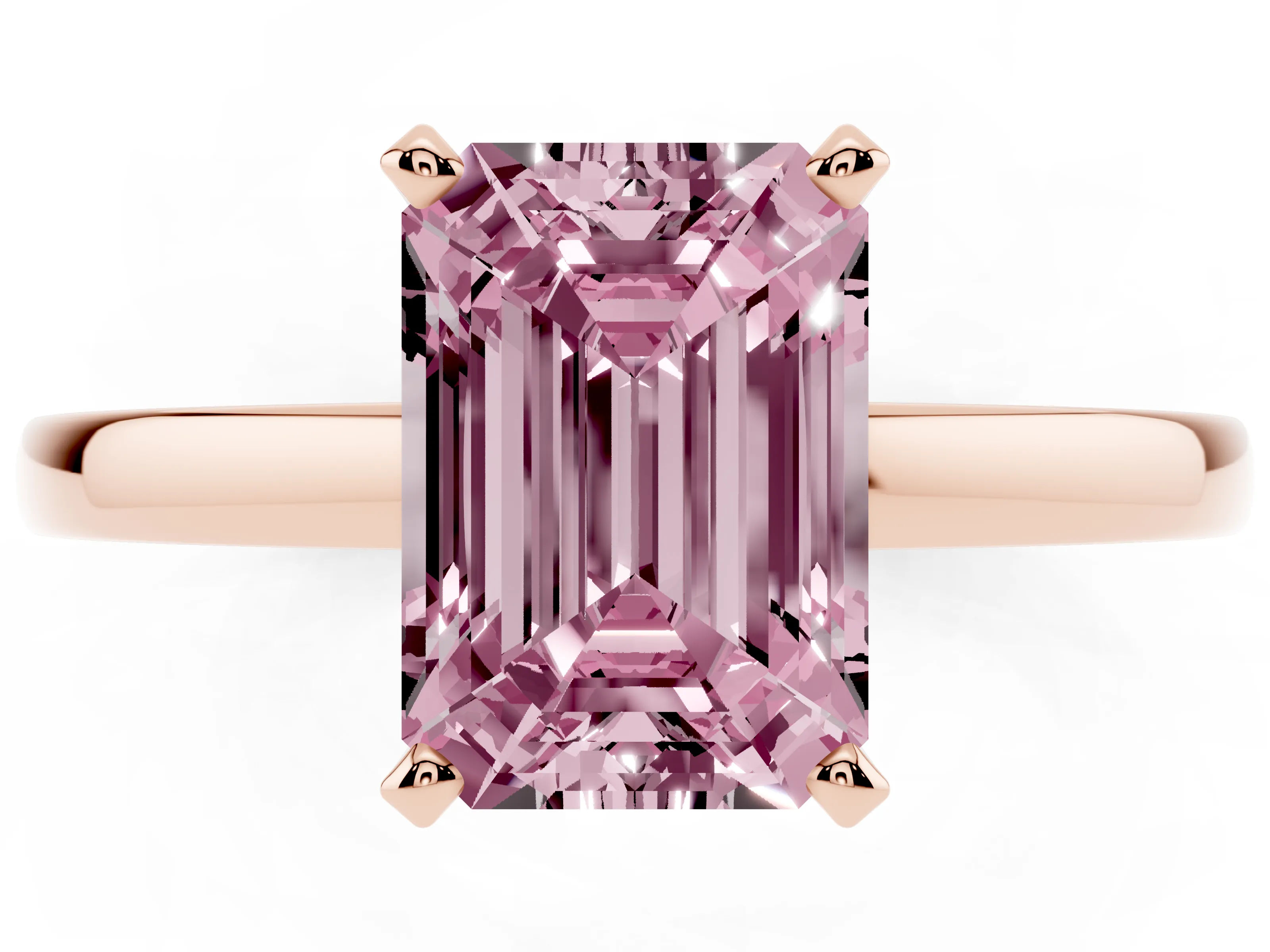 Fancy Pink Emerald Cut Diamond Solitaire Engagement Ring Set in Rose gold with Prong Setting on a Classic Band