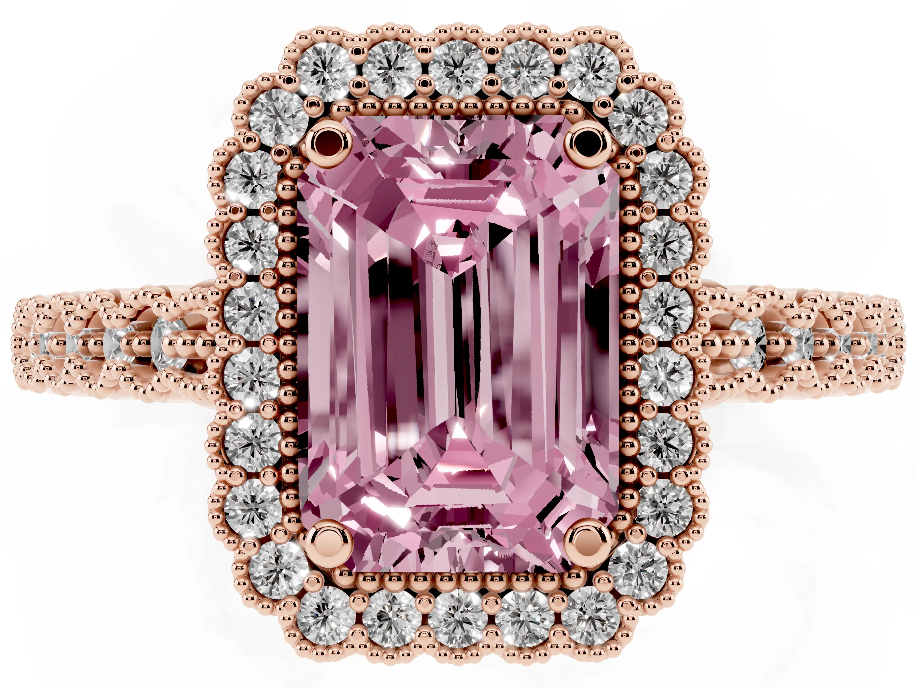 Fancy Pink Emerald Cut Diamond Halo Ring Set in Rose gold with Pavé Milgrain Band