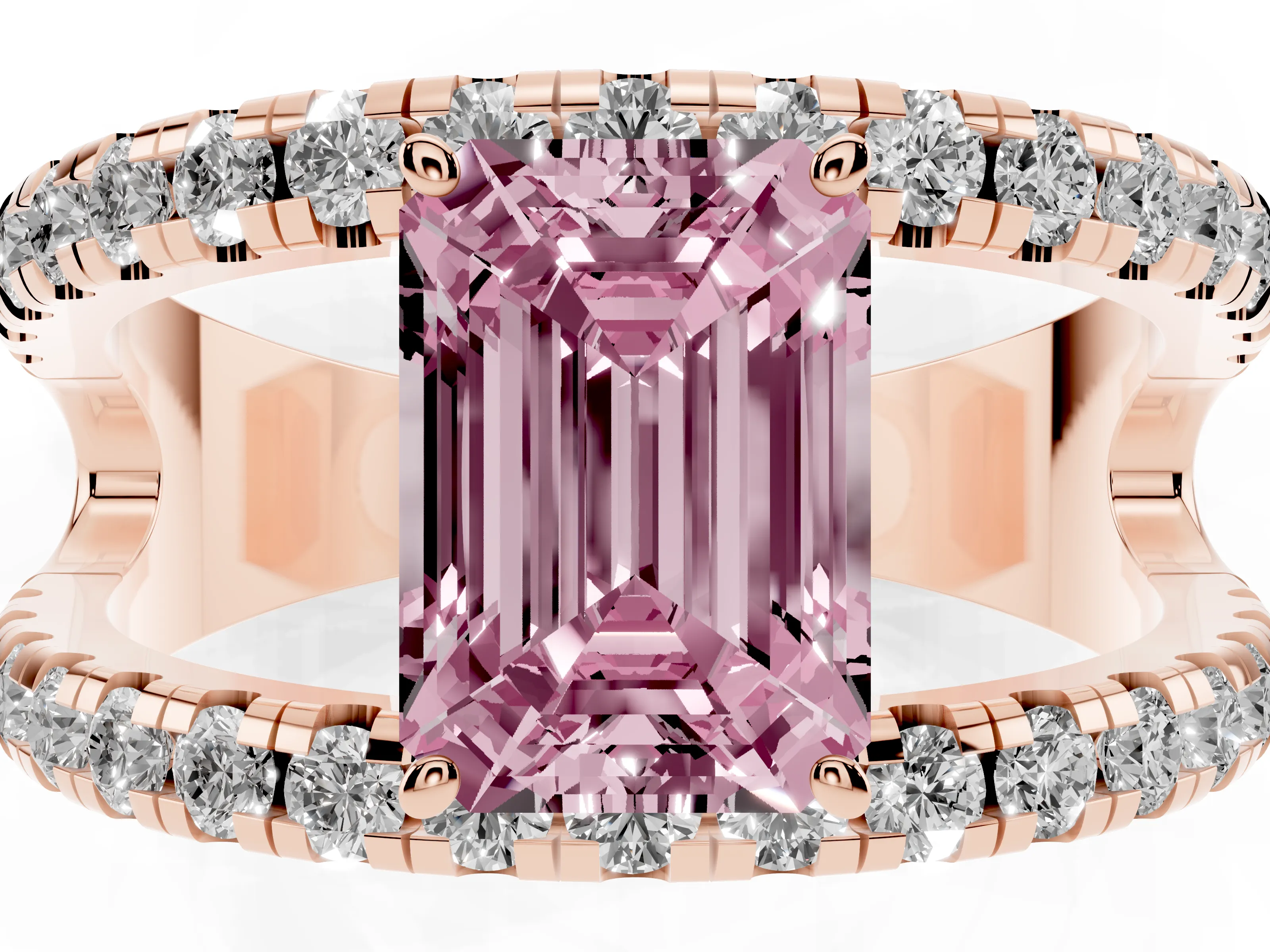 Fancy Pink Emerald Cut Diamond Split Shank Pavé Solitaire Ring Set in Rose gold with Open Shank Design